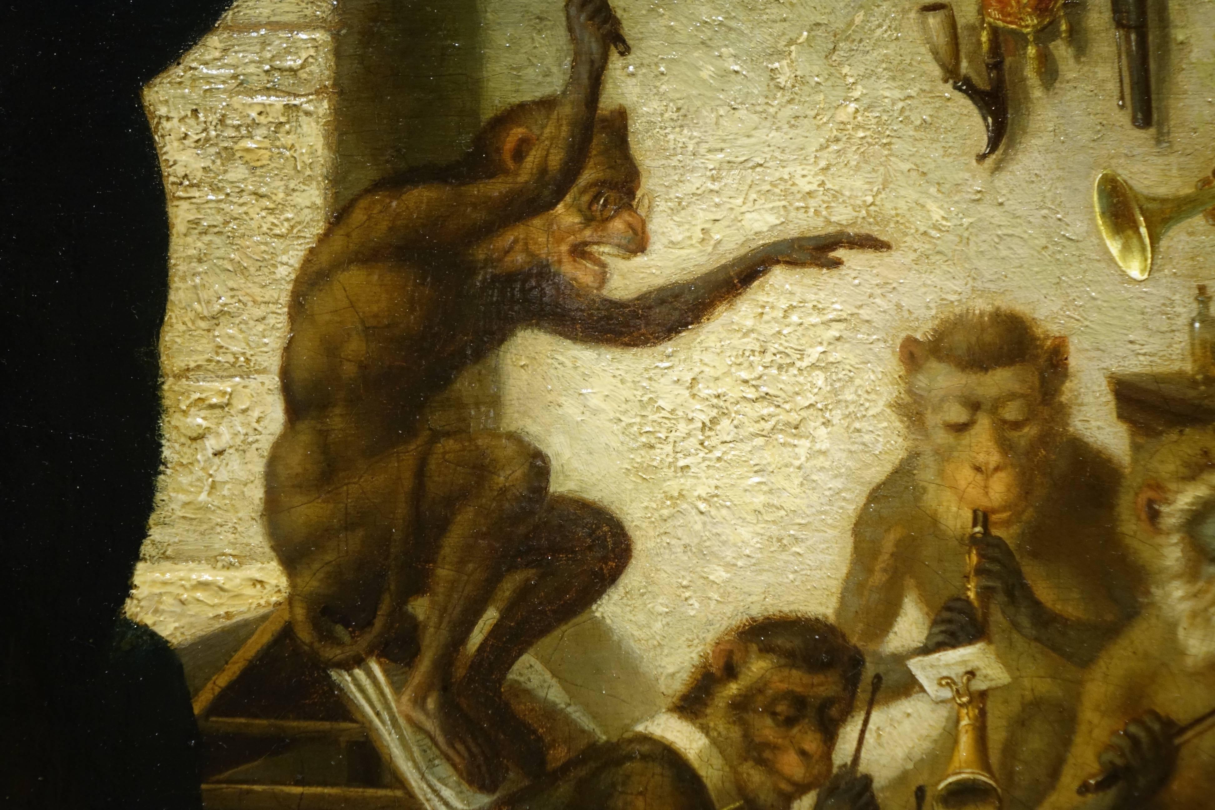 Orchestra of Monkeys, Oil on Panel , French School, Circa 1850 In Good Condition In Paris, FR