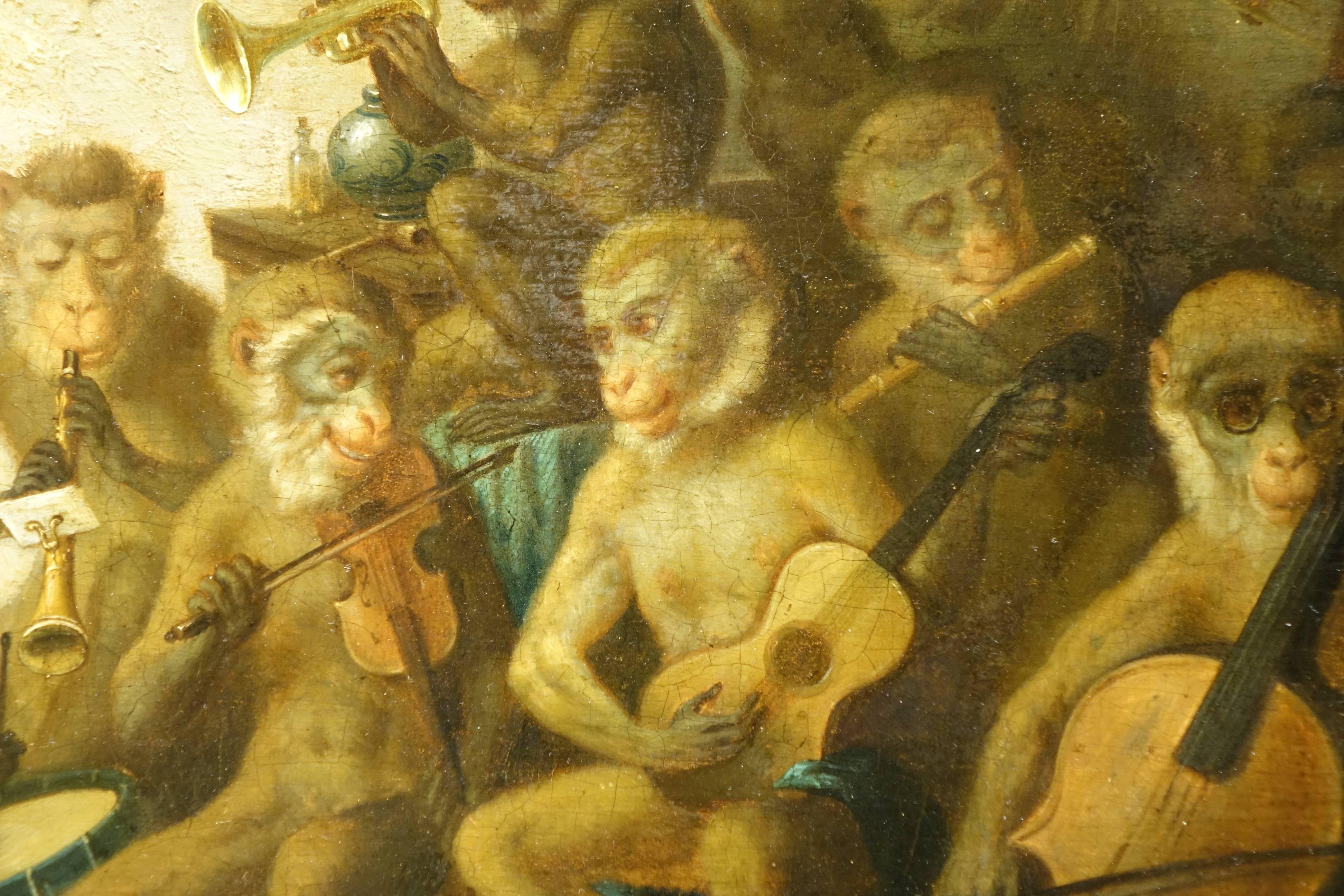 Orchestra of Monkeys, oil on panel,  circa 1850 French School
Eleven monkeys playing different instruments under the direction of one of them sitting in front of a window, France, circa 1850. 
Oil on panel reinforced at the back by wood cross