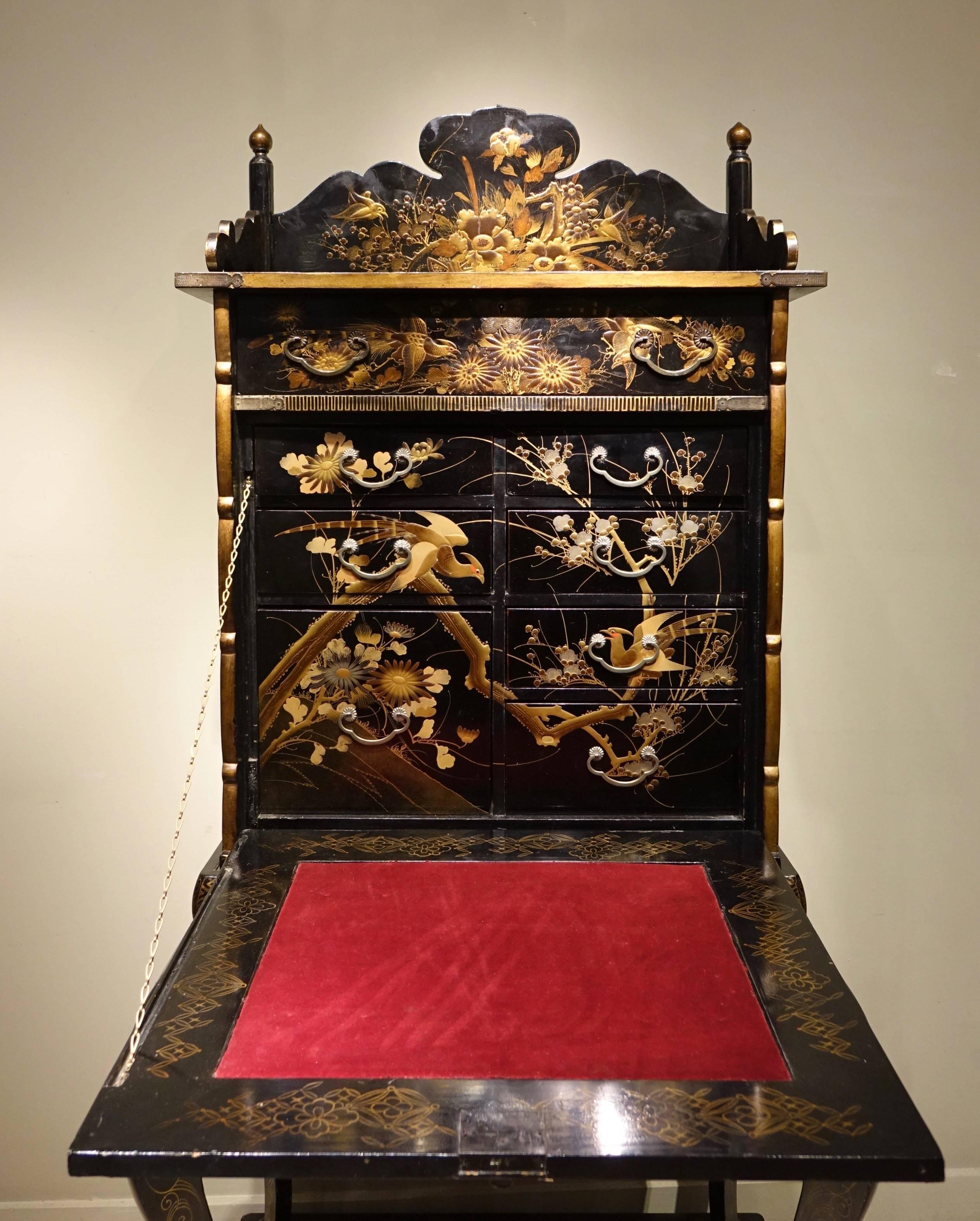 Lacquered 19th Century Japanese Lacquer Secretary Desk Richly Decorated