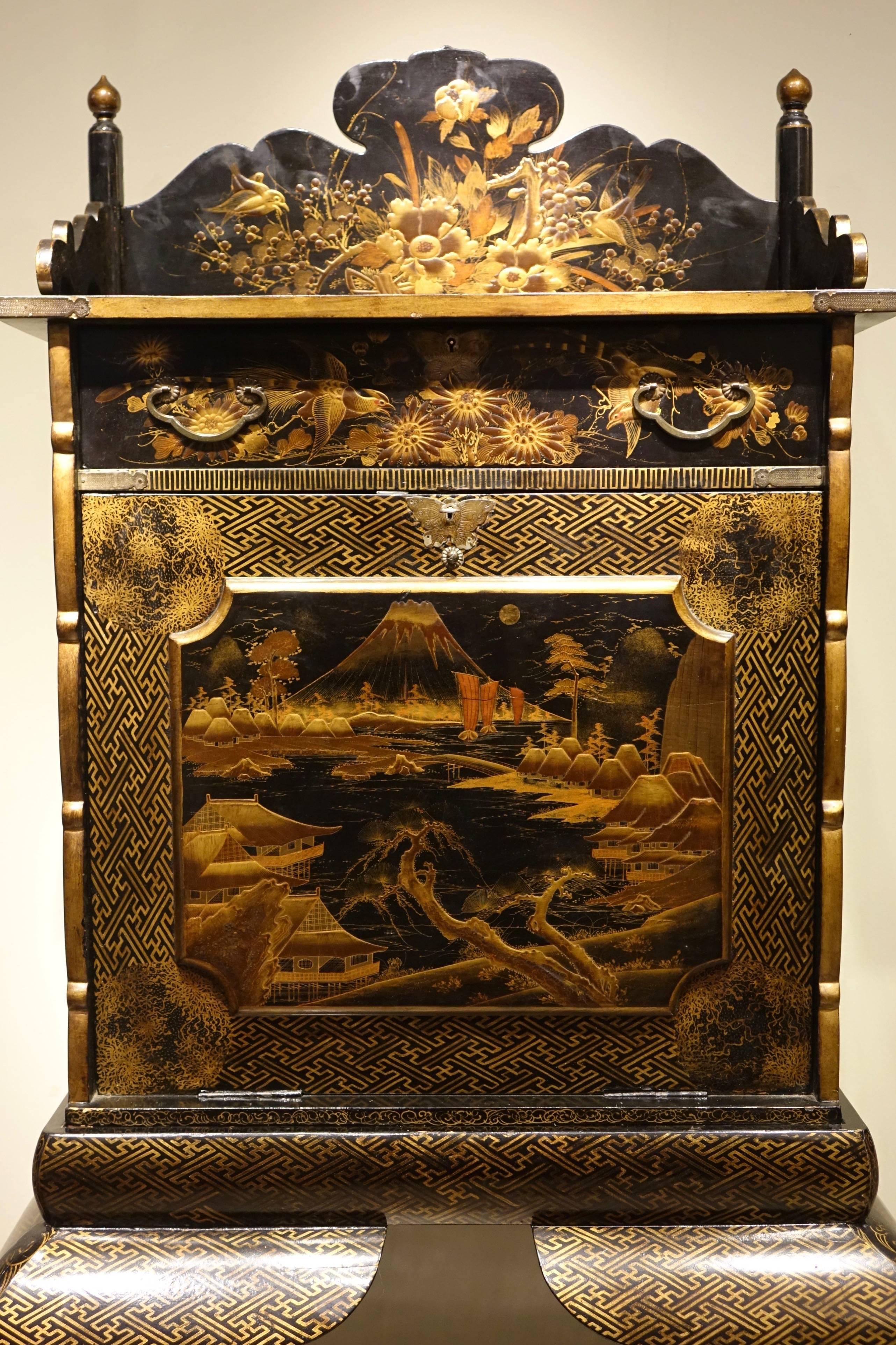 Anglo-Japanese 19th Century Japanese Lacquer Secretary Desk Richly Decorated
