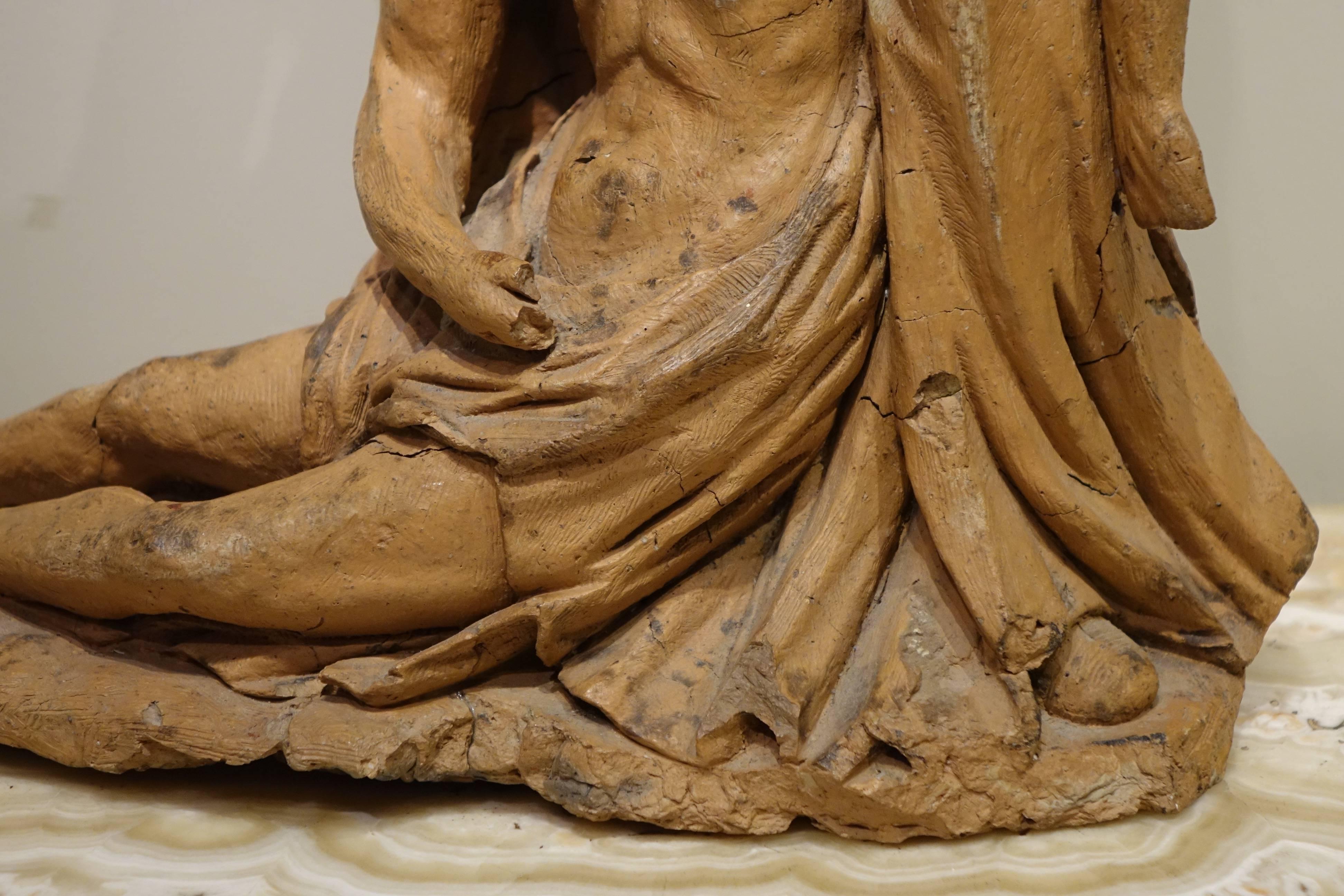 Hand-Carved Original Terracotta Representing a Virgin of Mercy, France 17th Century
