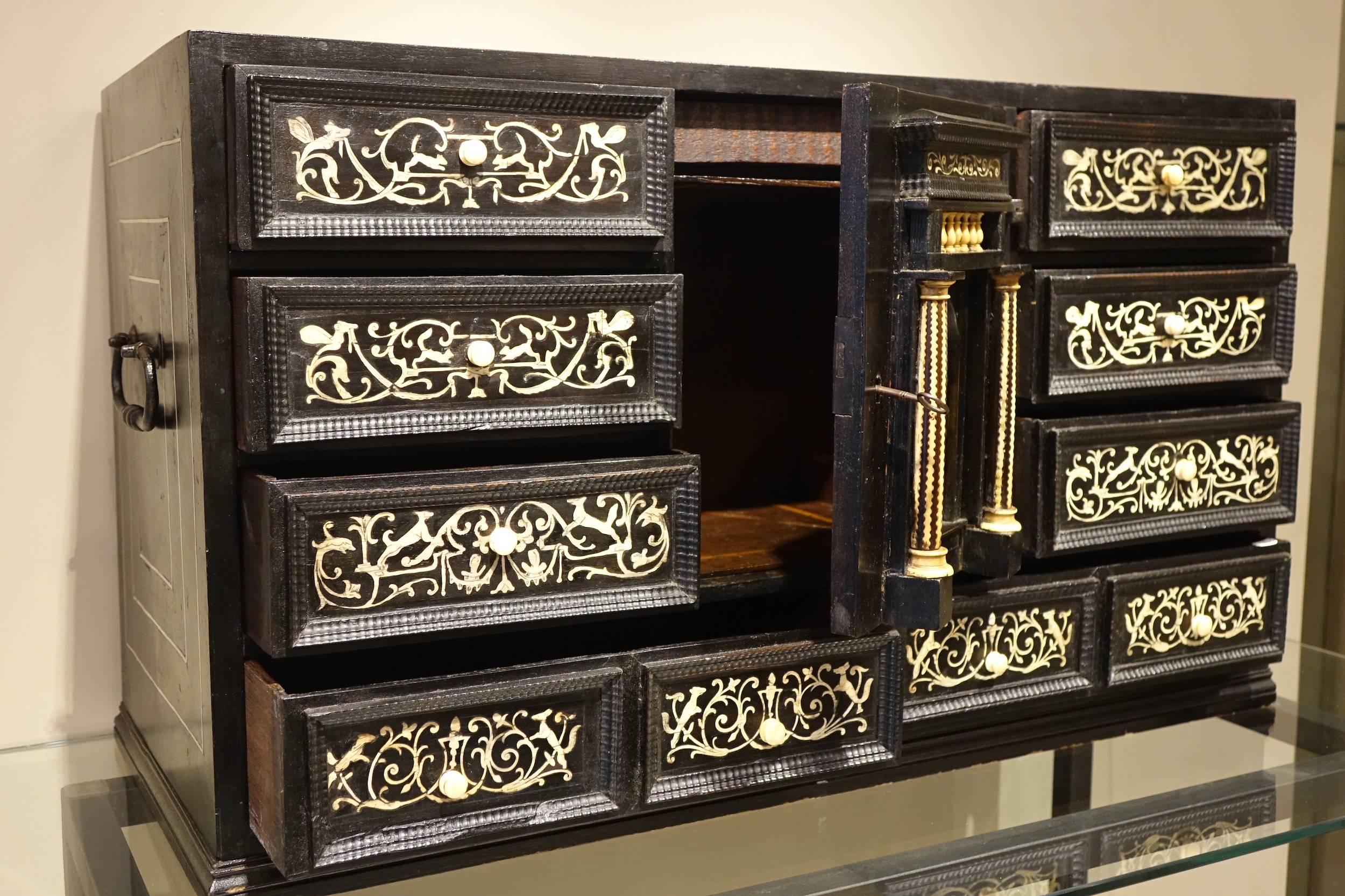 Baroque 17th Century Ebonized Wood Cabinet with Inlay, Northern Italy