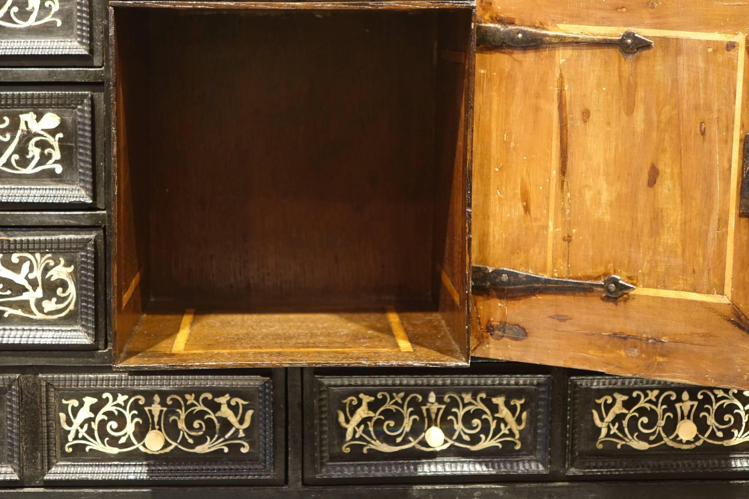 Bone 17th Century Ebonized Wood Cabinet with Inlay, Northern Italy