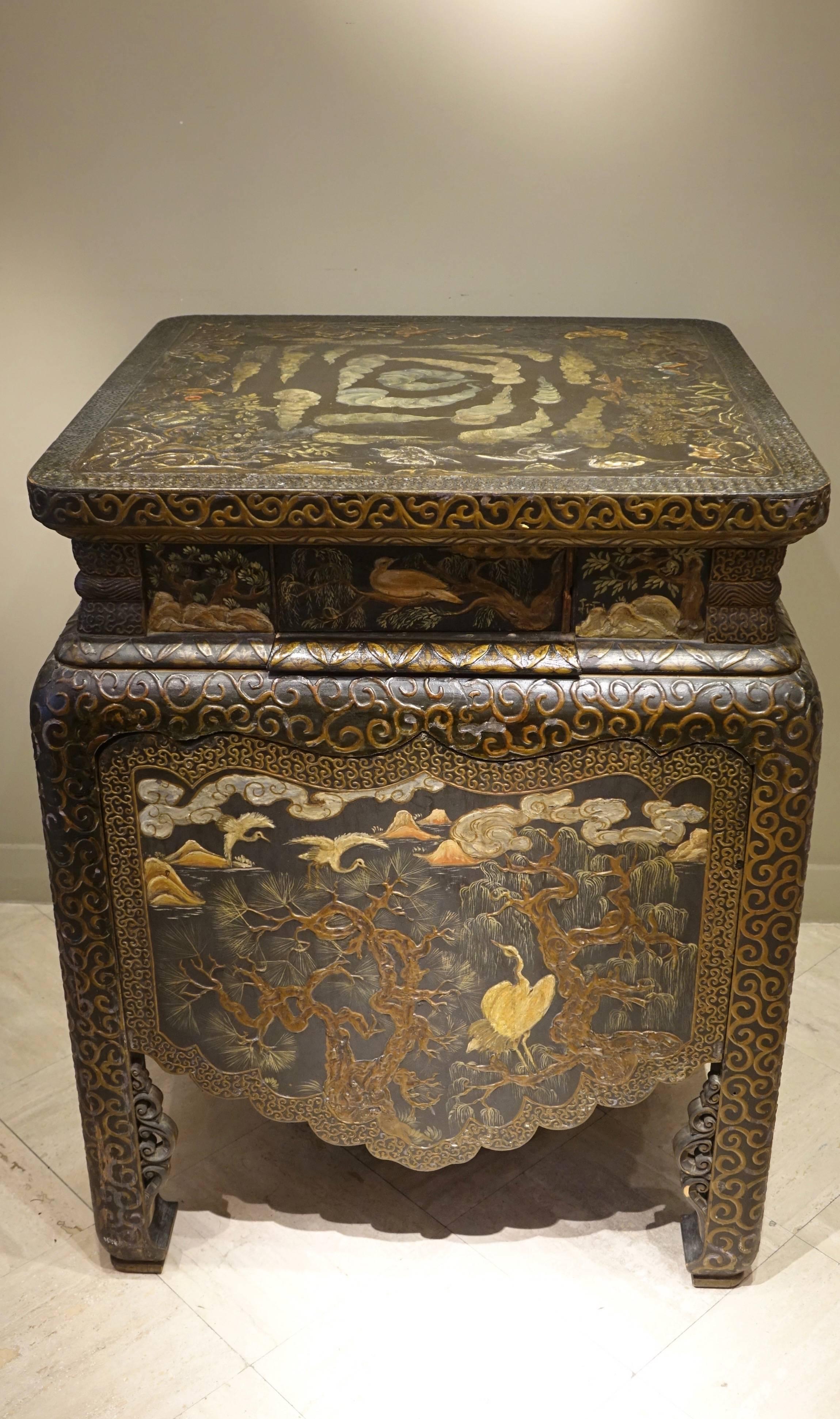 Carved Unusual Chinese Lacquer Storage Table for Prints, circa 1920
