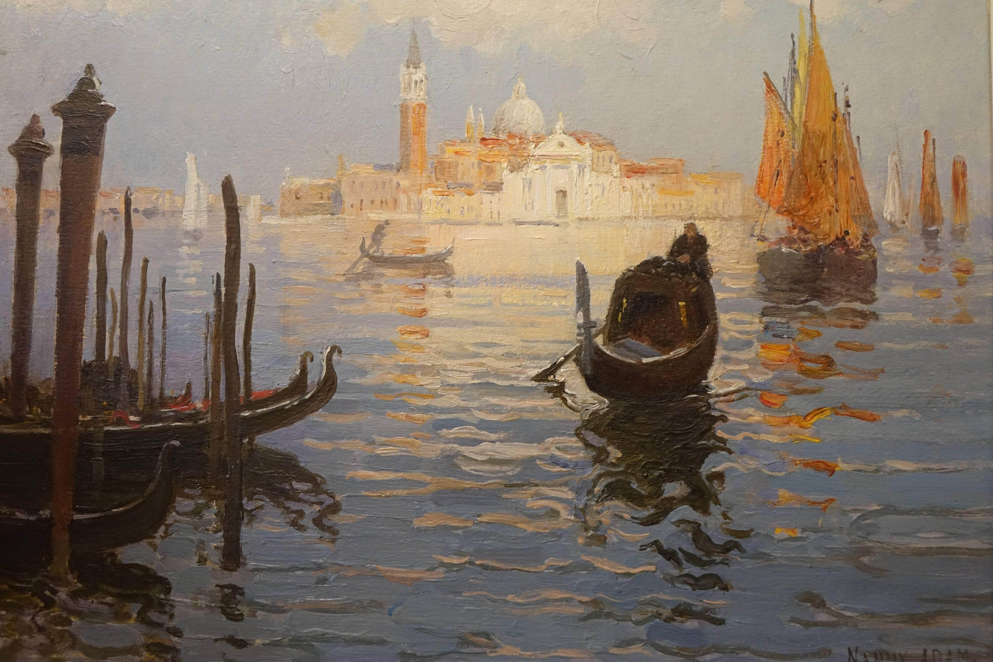 Oil on cardboard representing a view of San Giorgio Maggiore, seen from the Mole of Venice.
Signed lower right NANNY-ADAM
ADAM-LAURENS Suzanne, known as Nanny, 1861-1915.
A student of Jules Laurens, she exhibited regularly at the Salon des Femmes