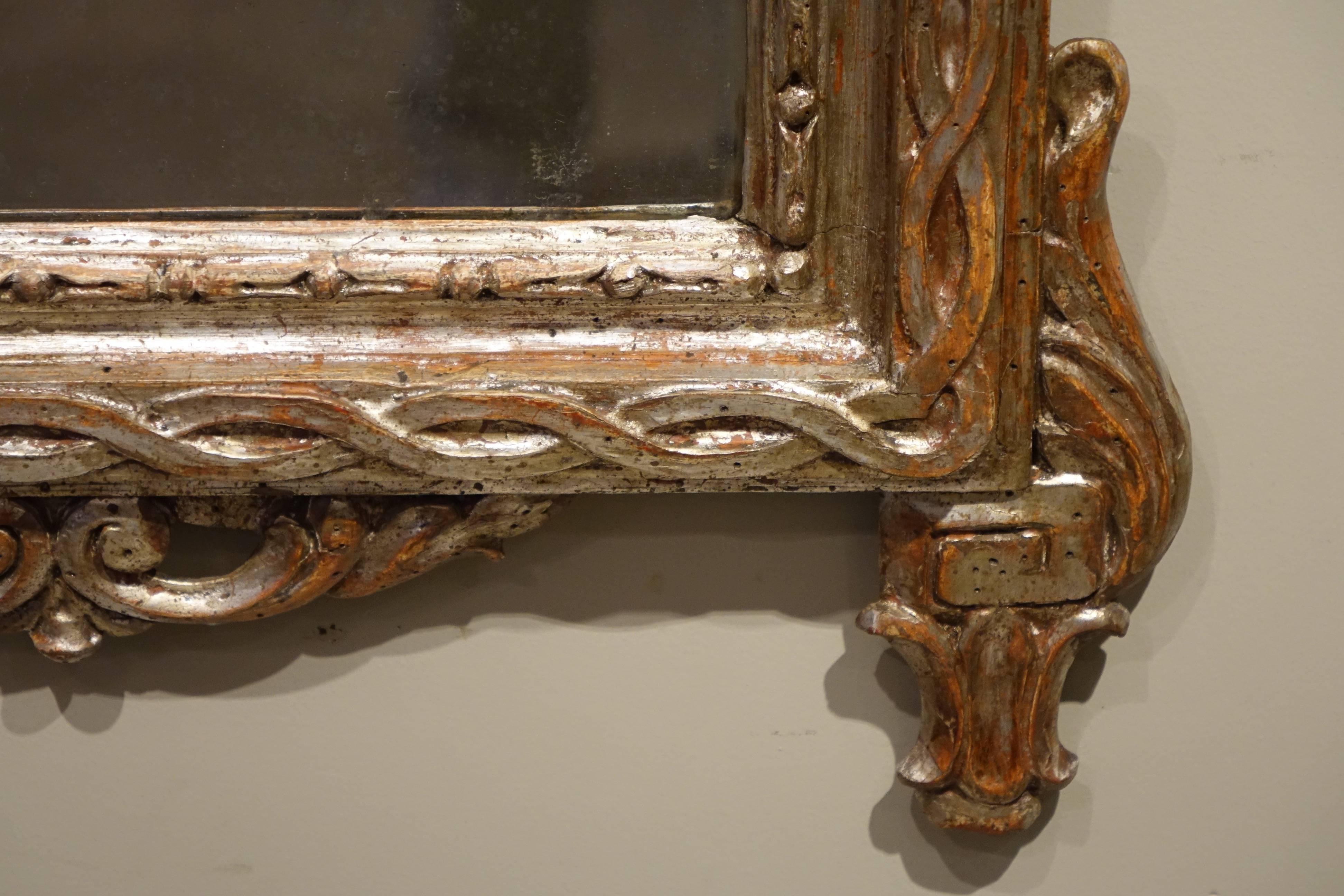 Silvered Louis XVI Mirror in Carved Wood and Silver Plated Wood, 18th Century For Sale