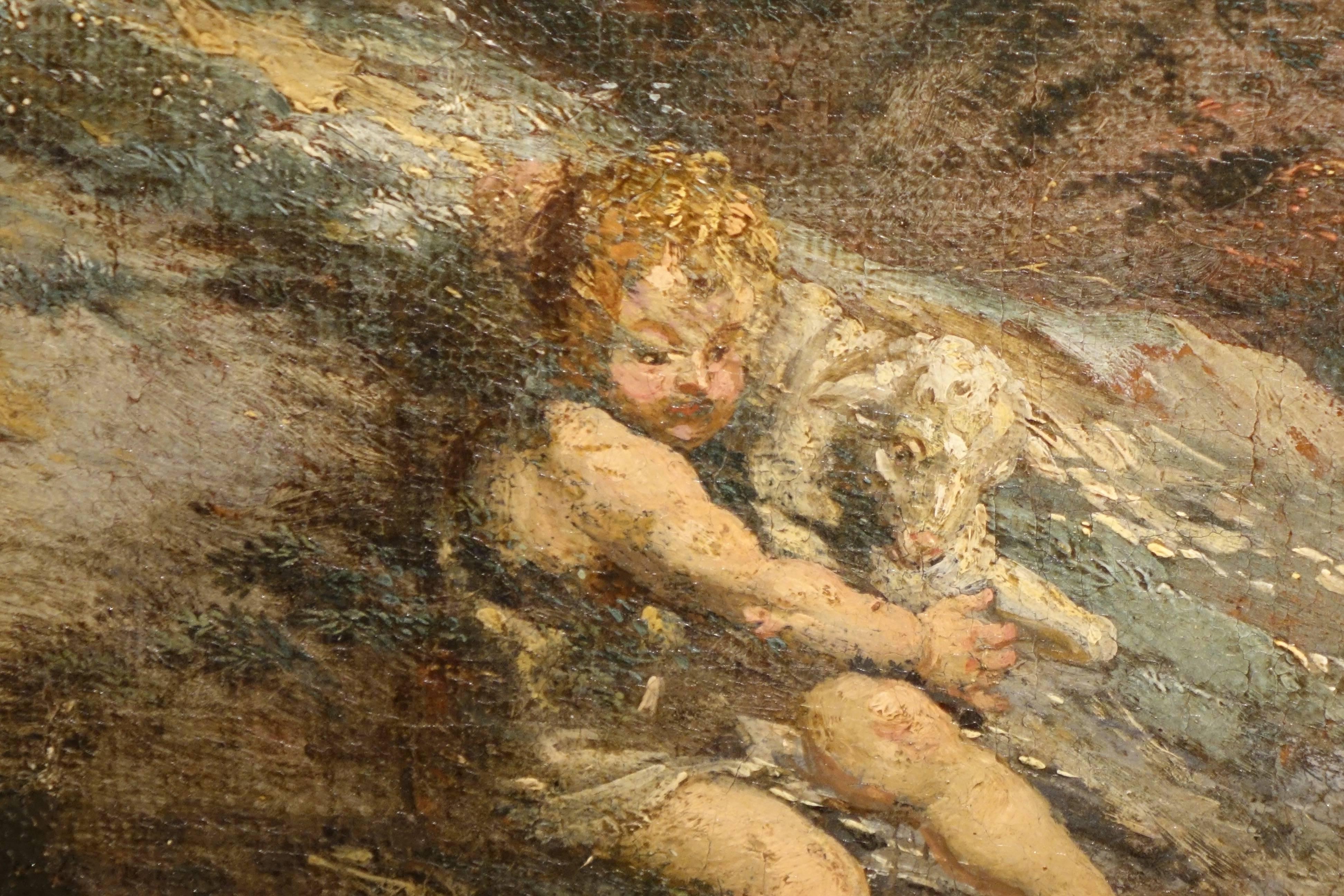 Carved 18th Century Oil on Canvas Painting, St John the Baptist Child, Northern Italy For Sale