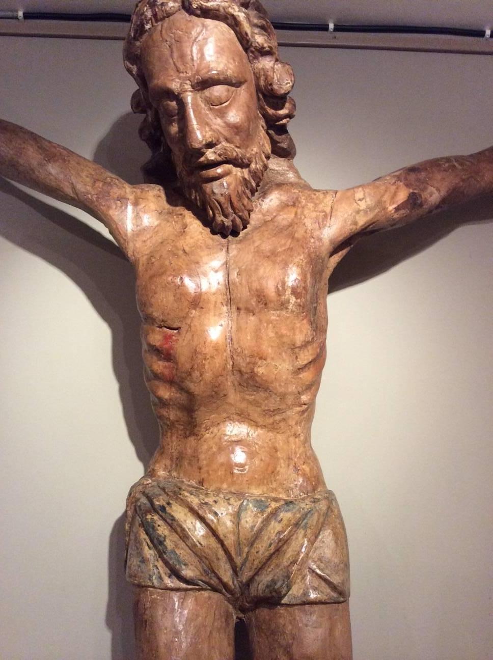 Gothic Large Poplar Wood Christ with Old Traces of Color, Late 15th Century