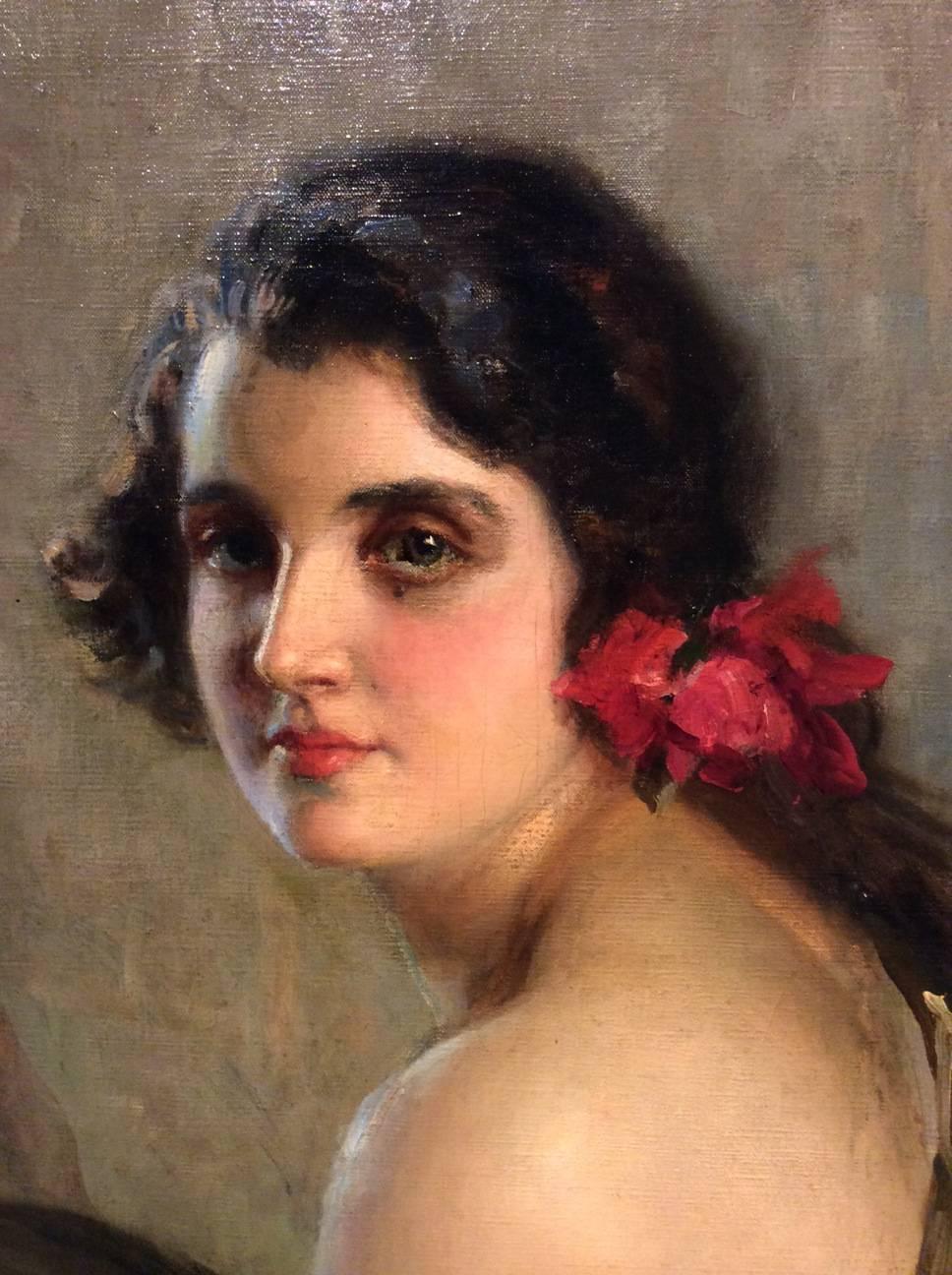 Portrait of a young woman holding a tambourine, signed upper left Edouard Bisson, French painter 1856-1939.
Born in Paris in 1856, Bisson studied art under one of the most successful of French artists, Jean Leon Gerome. He exhibited regularly at