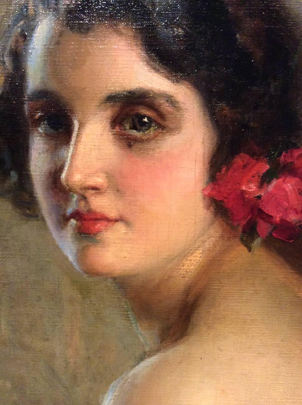 Art Deco Portrait of a Young Woman, Signed Edouard Bisson, French Painter 1856-1939