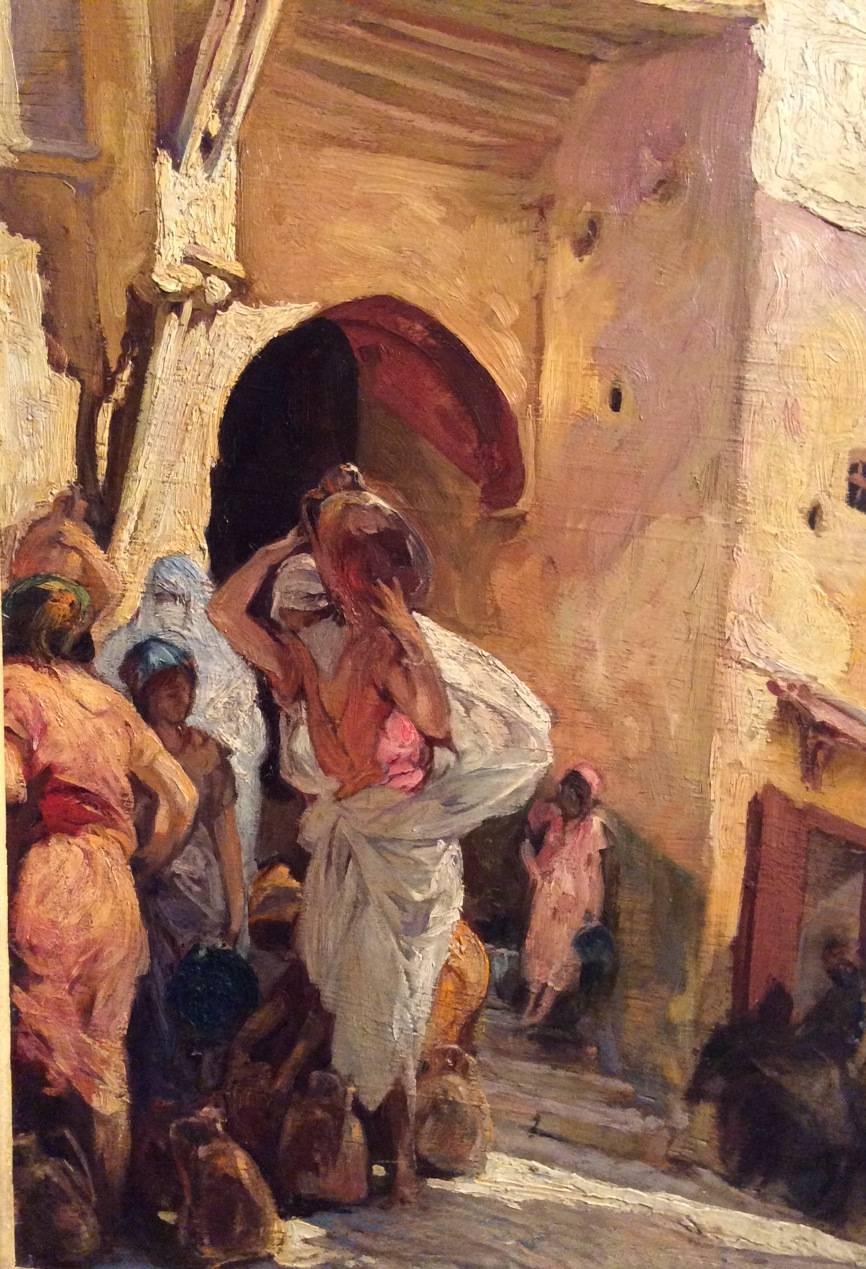 

Casbah Gate, painting, oil on panel signed Jules Pierre van Biesbroeck, (1873-1965)
Belgian School.
Jules Pierre van Biesbroeck is the son of Jules Evarist van Biesbroeck, painter of Ghent. Jules was born in Italy in Portici, near