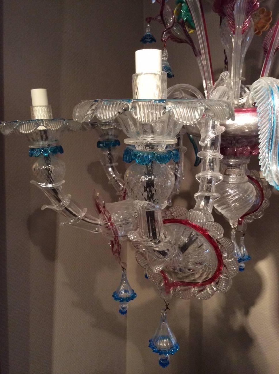 Rococo Murano Glass Chandelier with Six-Lights , circa 1950, Venice, Italy  For Sale