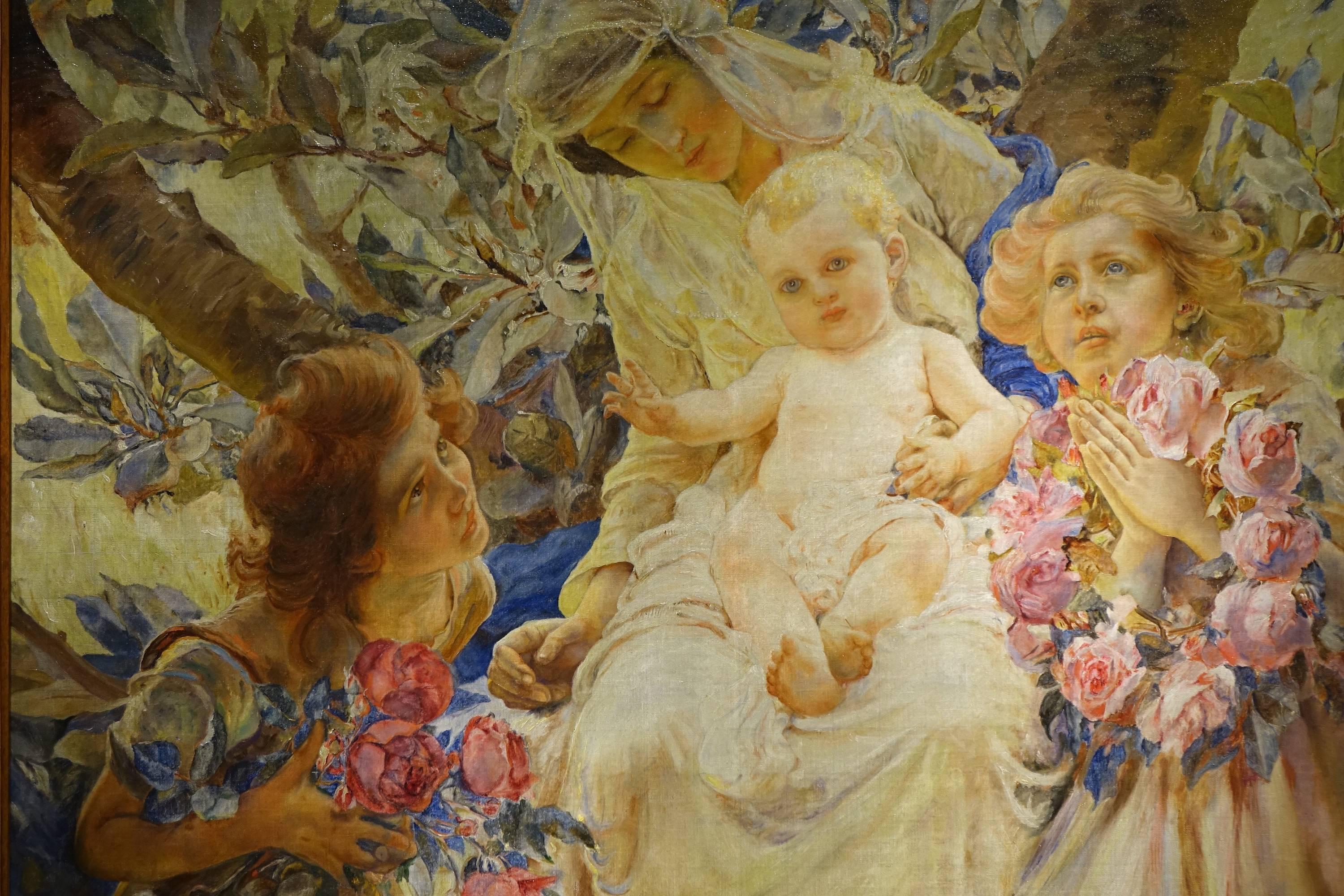 Mother and Child with Two Angels, Oil on Canvas, Symbolism  circa 1890 For Sale 1