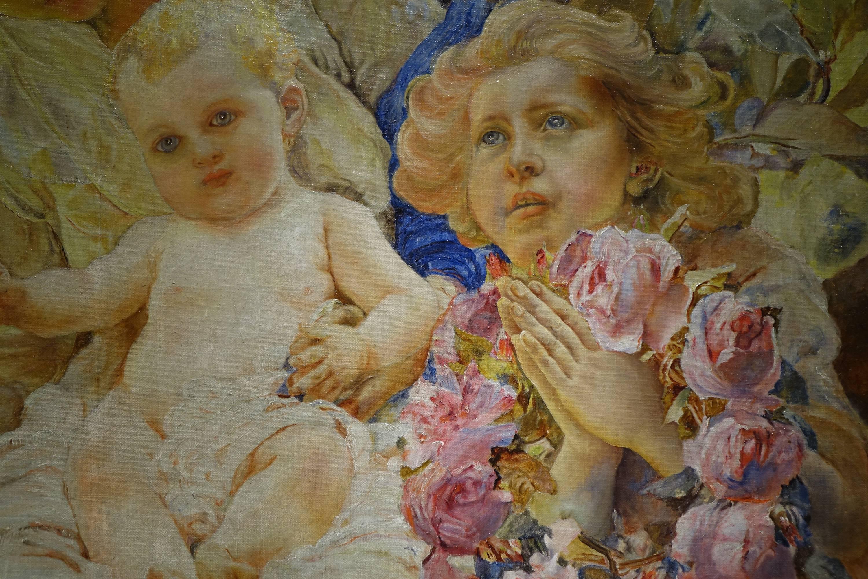 Mother and Child with Two Angels, Oil on Canvas, Symbolism  circa 1890 For Sale 3