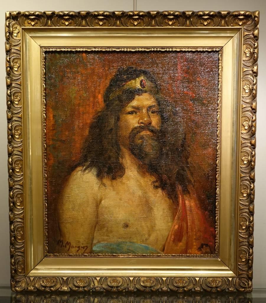  Workshop Portrait  Signed Marius Mangier 1867-1952 France 
Portrait of a tribal chief of a barbarian, or a king, oil on canvas signed Marius Mangier (1867-1952).
Joins in 1882 Beaux Arts de Lyon.
First prize in 1890.
Several prizes at the Salon of