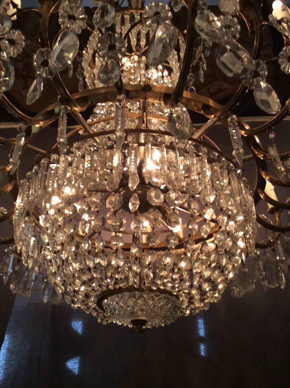 Bronze Crystal Chandelier with 24 Arms of Light, France, circa 1940