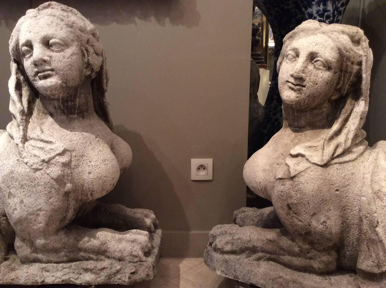 Pair of Sphinxes in Stone or Reconstituted Stone, France, 19th Century 3