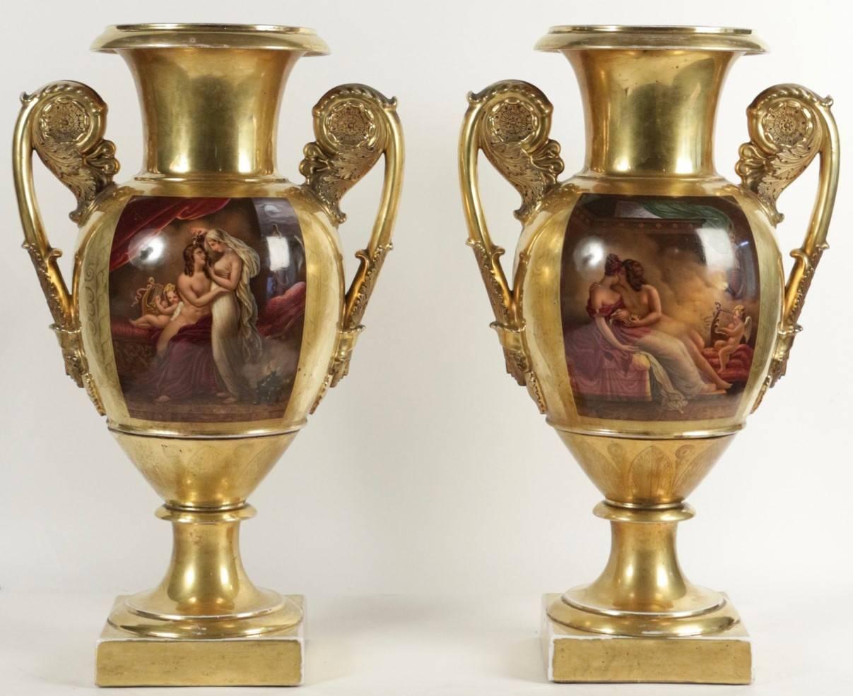 French Pair of Polychrome and Gilt Paris Porcelain, circa 1820, France For Sale
