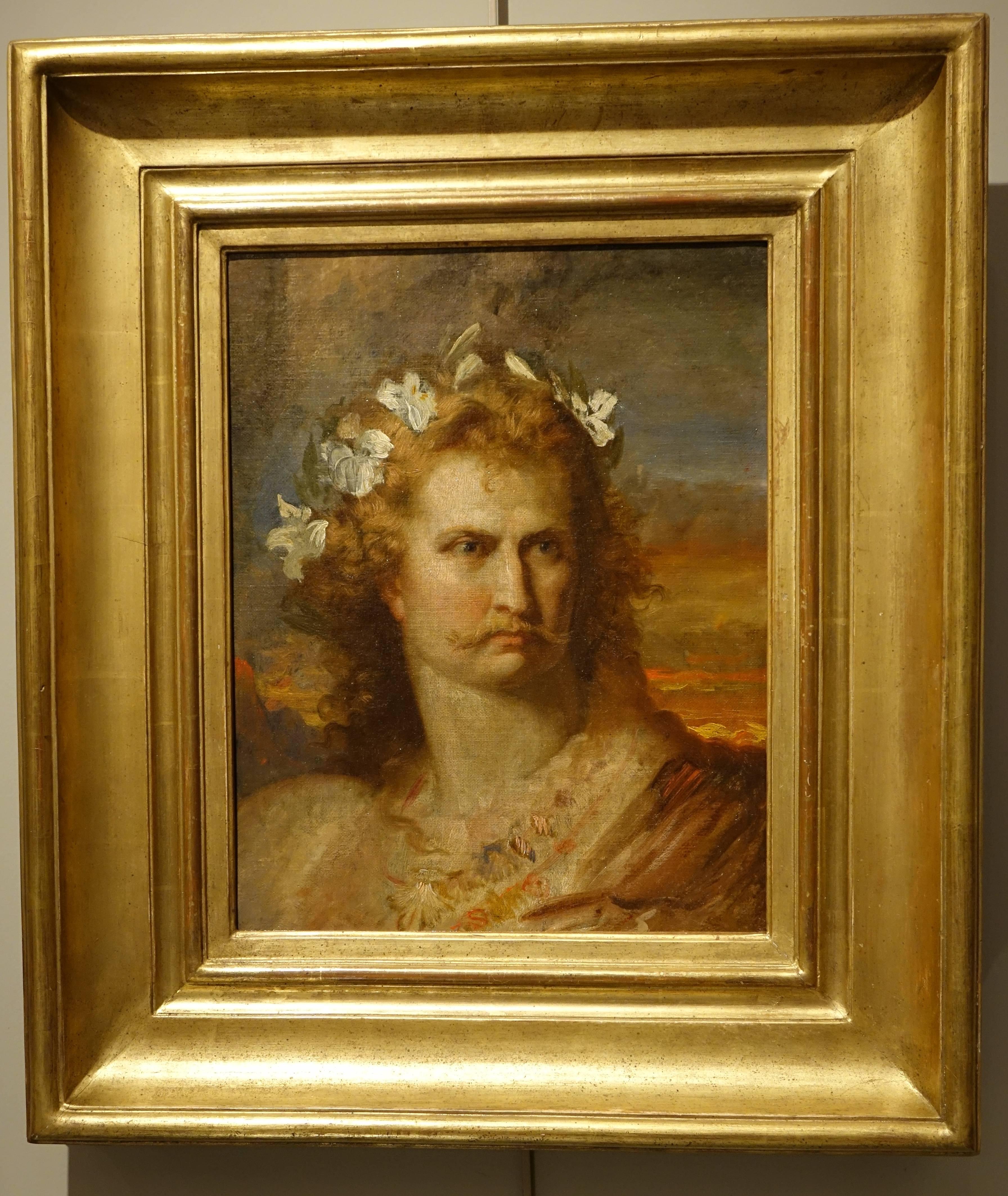 Oil on canvas representing a man with a flower wreath, Vercingetorix?
Vercingetorix was a king and chieftain of the Arverni tribe. He united the Gauls in a revolt against Roman forces during the last phase of Julius Caesar's Gallic Wars.
French