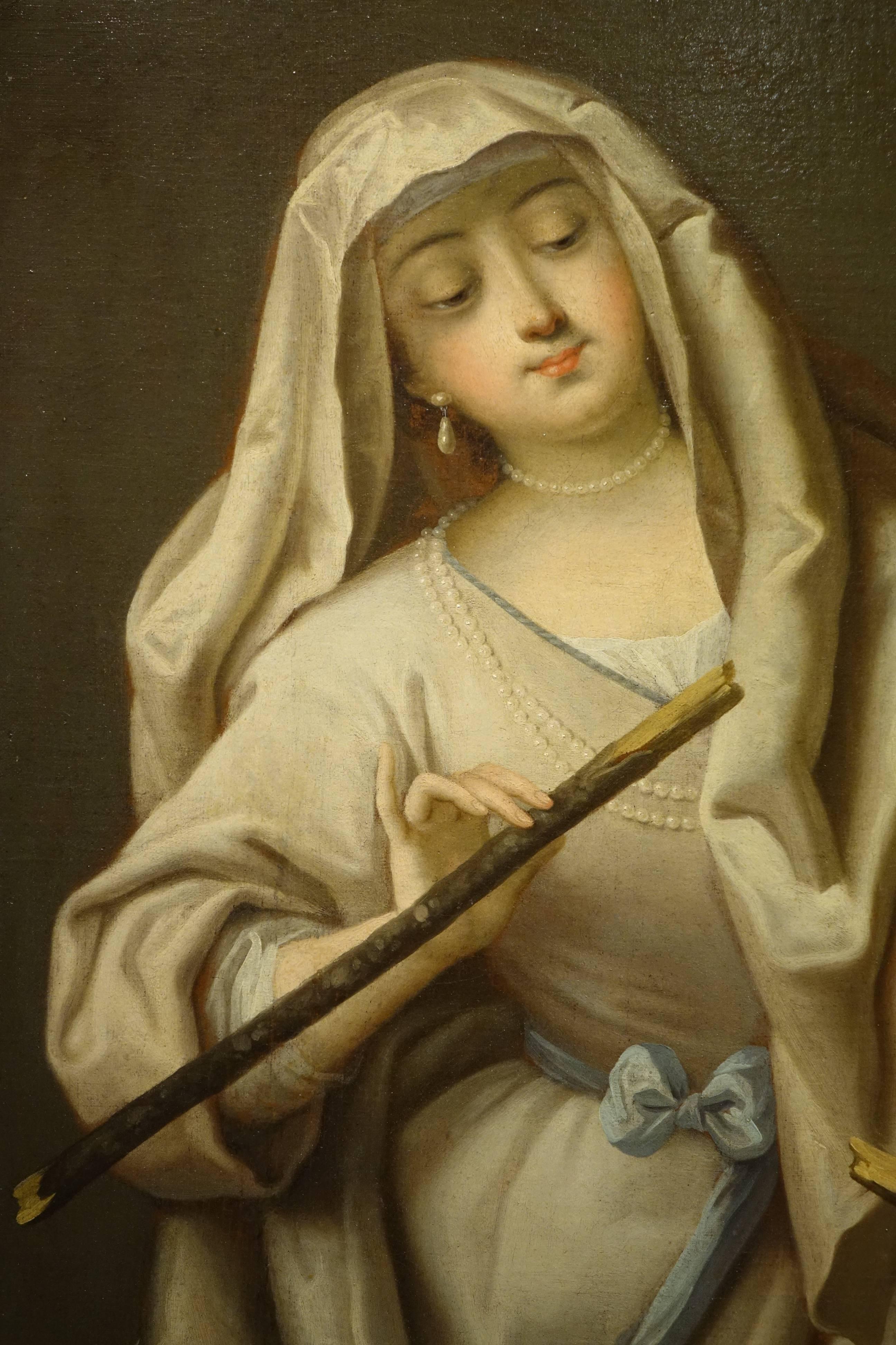 Portrait of a young woman as a vestal virgin keeping the sacred fire.
French school, circa 1720 , follower of Jean Raoux. 
19th century giltwood painted frame.
Canvas relined.
It appears that portraying women royalty and noble women as Vestal