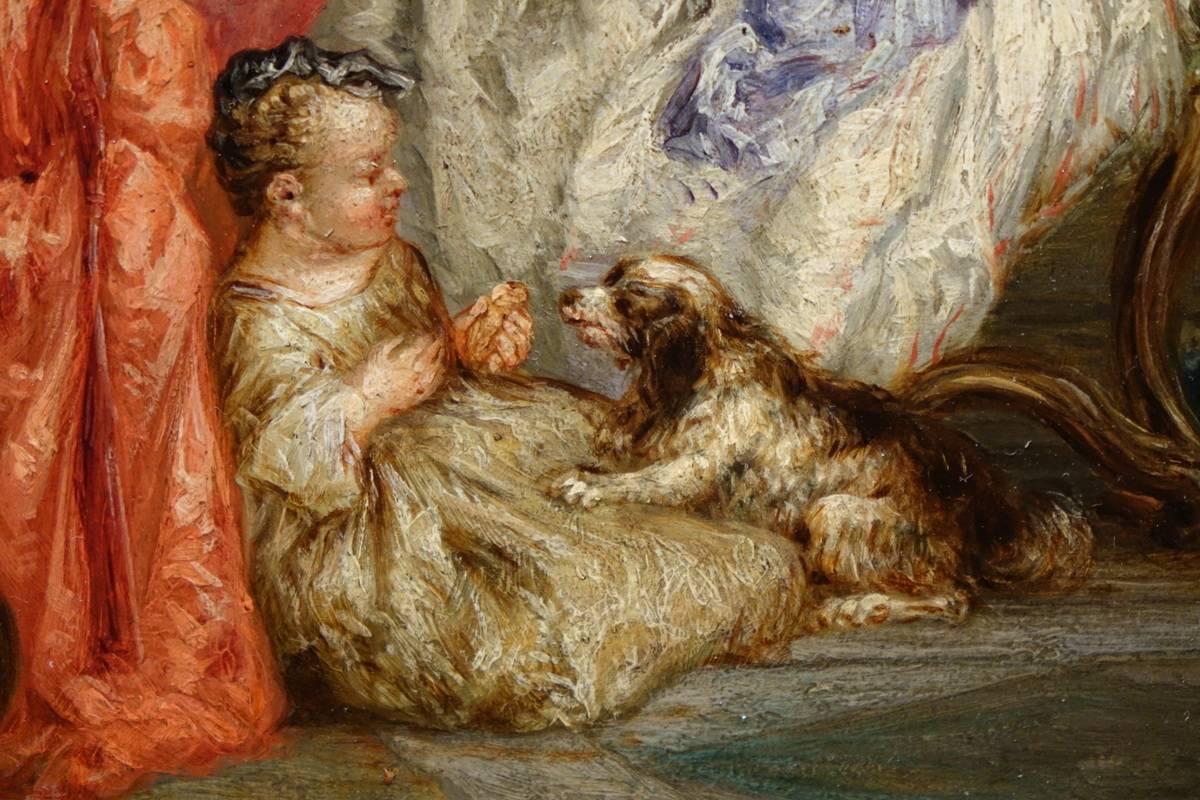 French Pair of Oils on Panel in the Taste of Jean Antoine Watteau, France, 19th Century