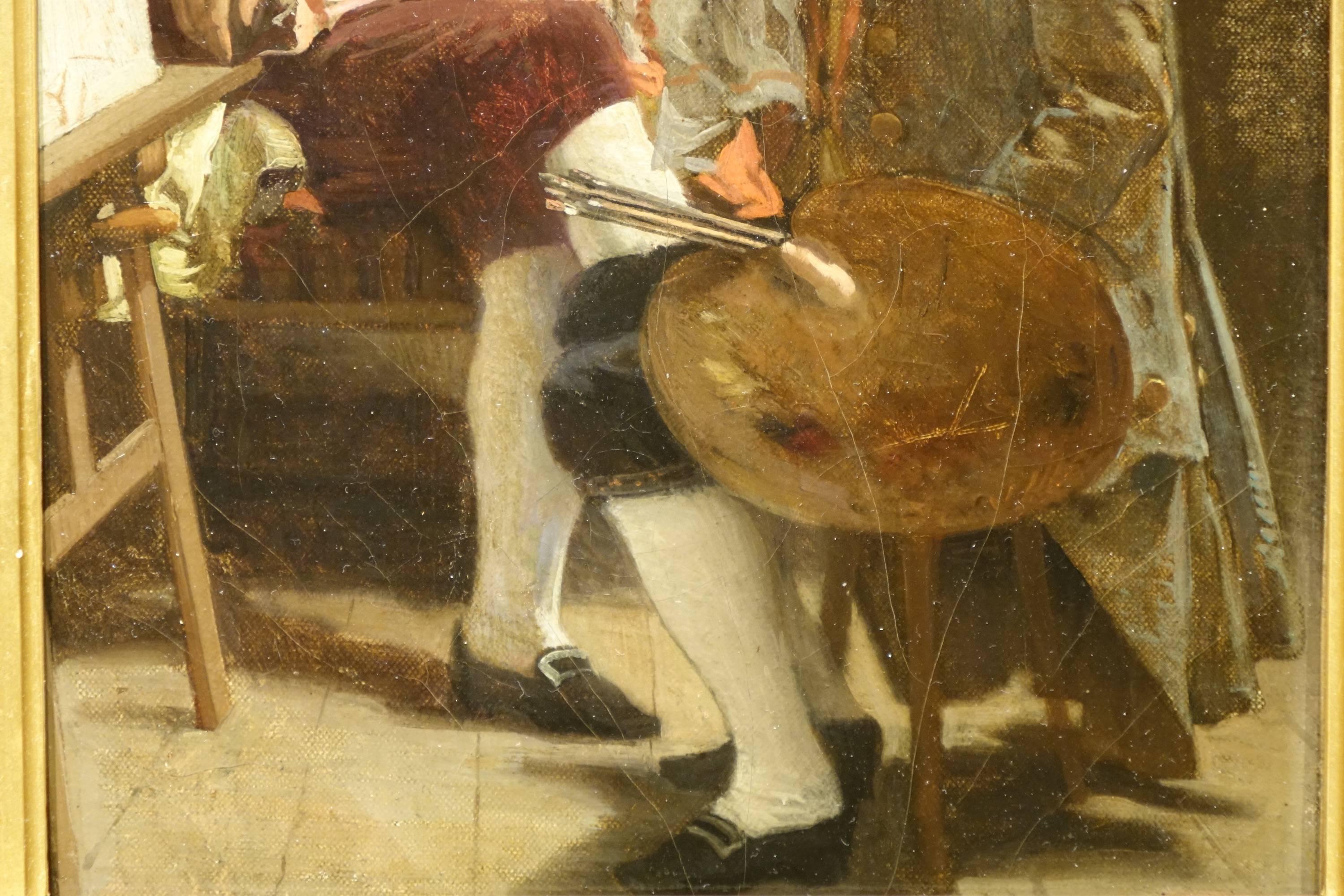 A painter and his model, drowsing during a pose.
Oil on canvas, signed Charles Giron, dated 1876.
Painter of allegorical subjects, scenes of genre, portraits, landscapes and still lifes.
He was a student of Barthelemy Menn in Geneva. 
Attracted by