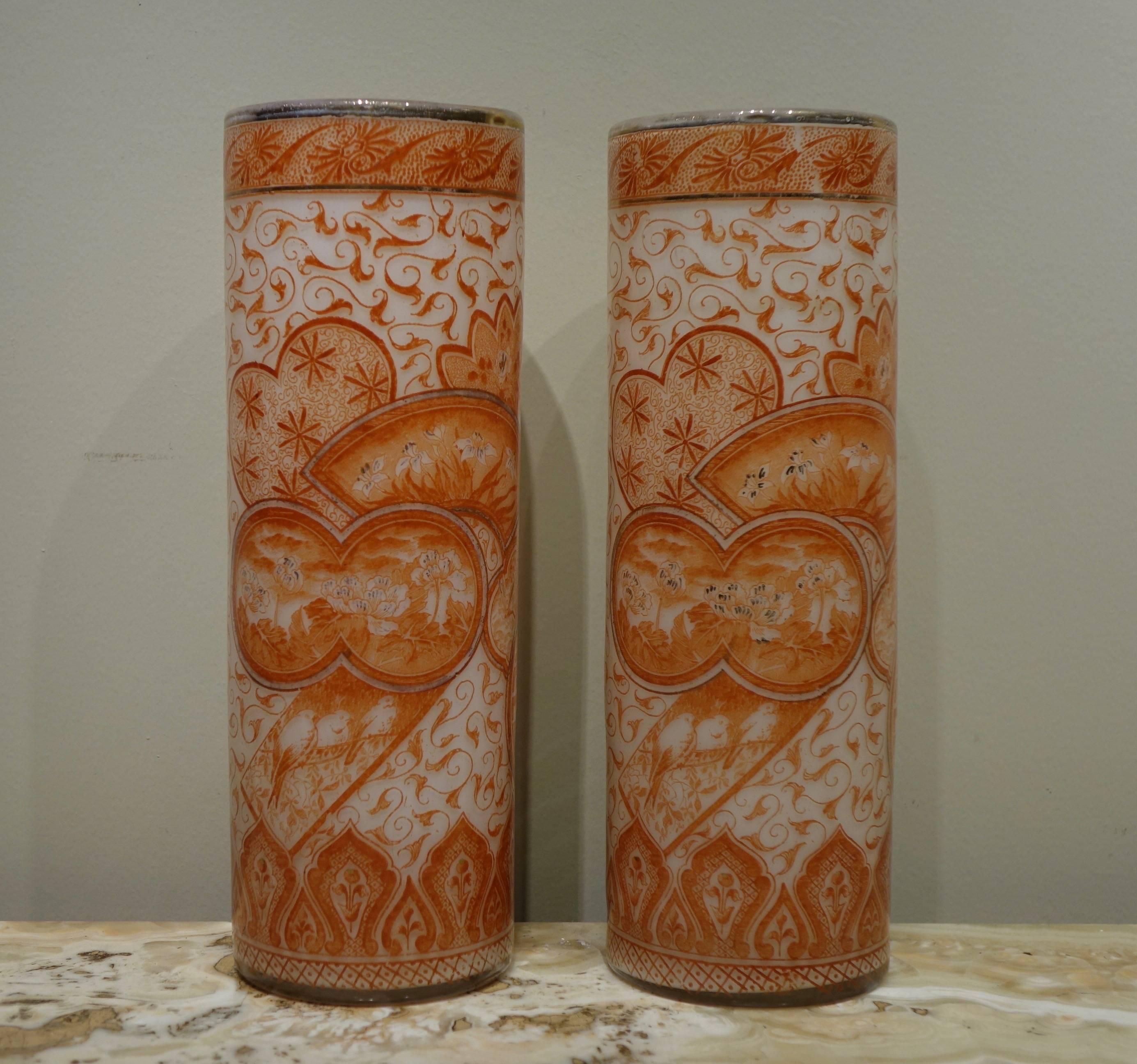 Pair of cylindrical transfer printed vases by François-Théodore Legras 
François-Théodore Legras (1839-1916) Paris French glassmaker.
He is one of the four master glassmakers at the founding of Art Nouveau with Gallé, Daum and Lalique. Very large