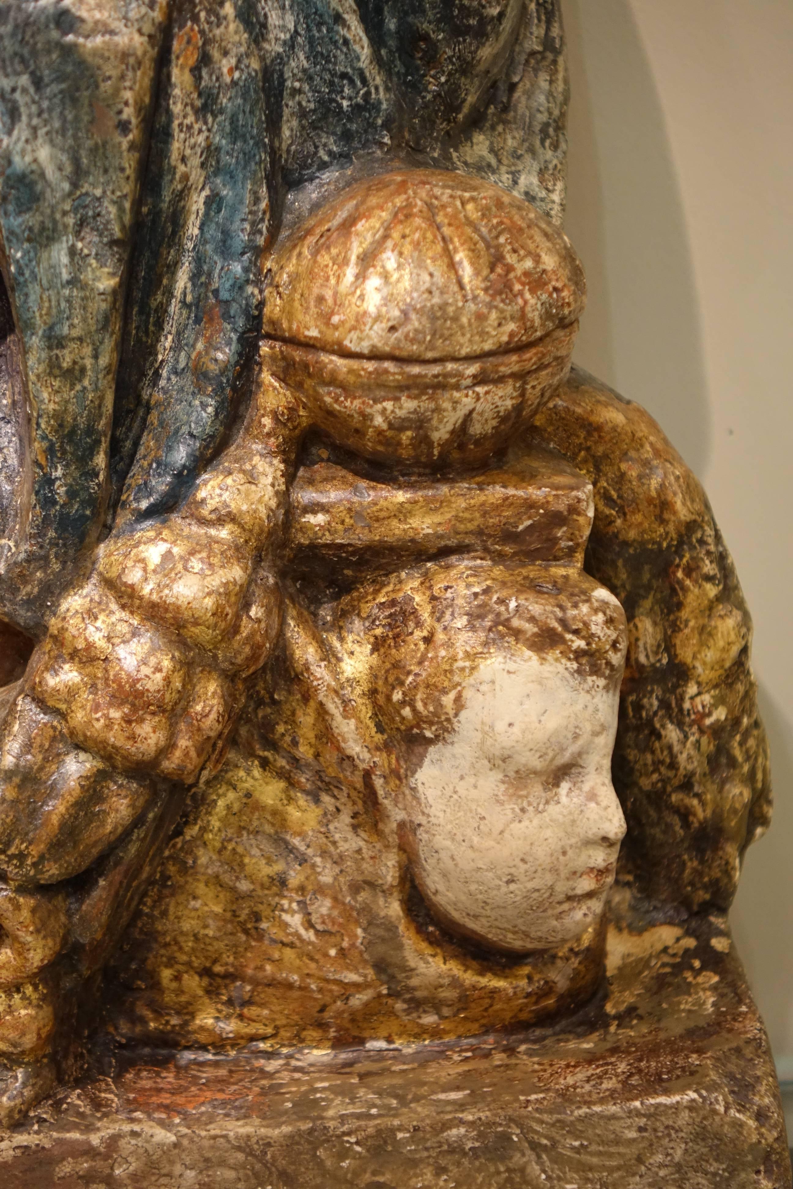 15th Century Polychrome and Parcel-Gilt Stucco Sculpture of Madonna and Child 4