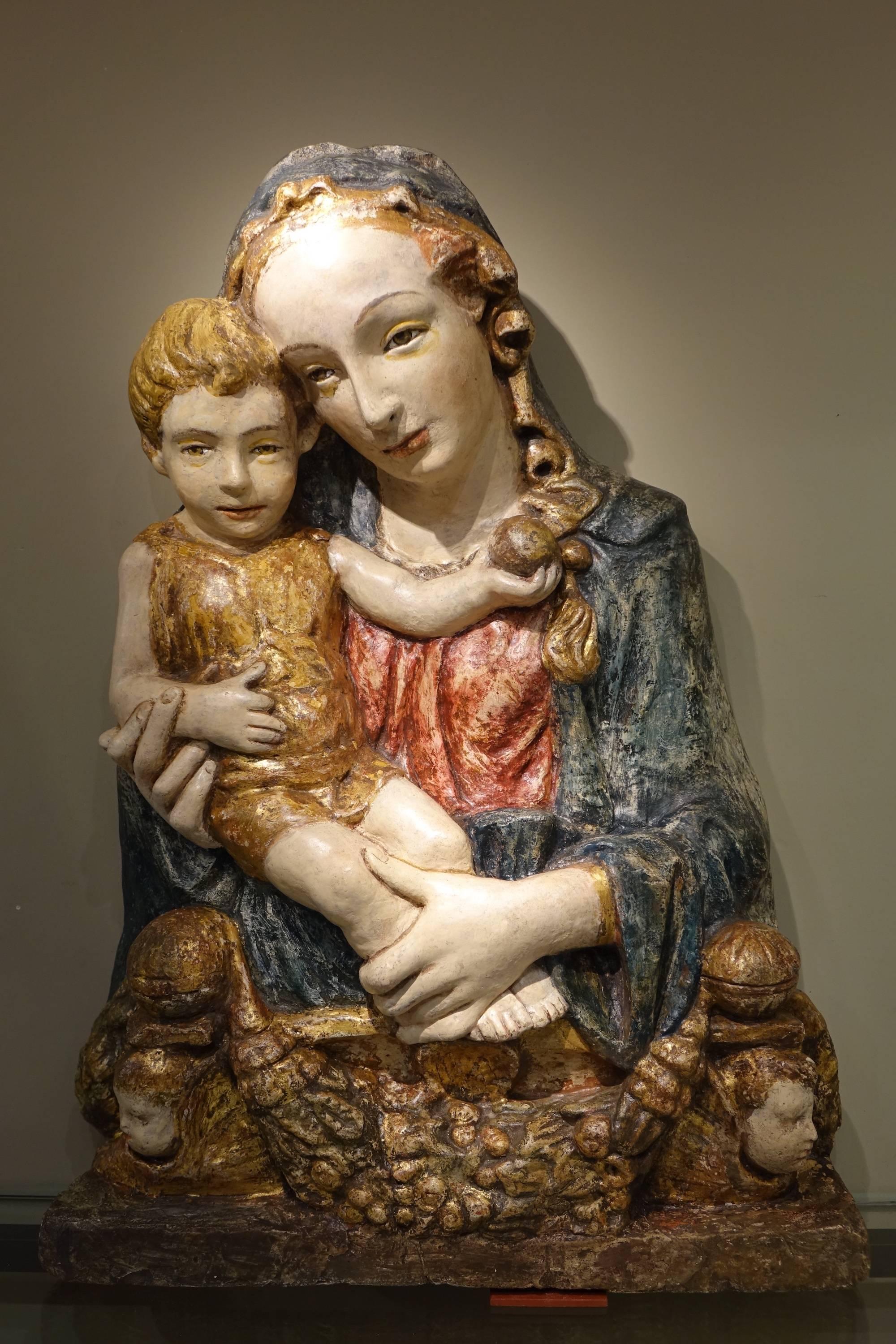18th Century and Earlier 15th Century Polychrome and Parcel-Gilt Stucco Sculpture of Madonna and Child