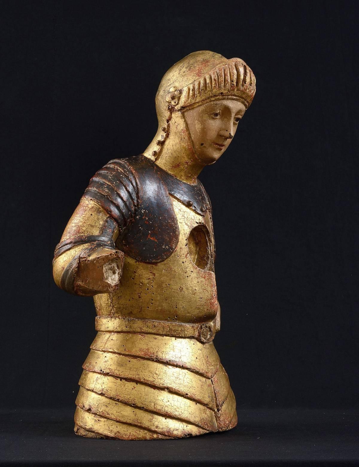 Italian Reliquary Bust of Saint George, Gift Polychrome Wood, 15th Century, Tuscany