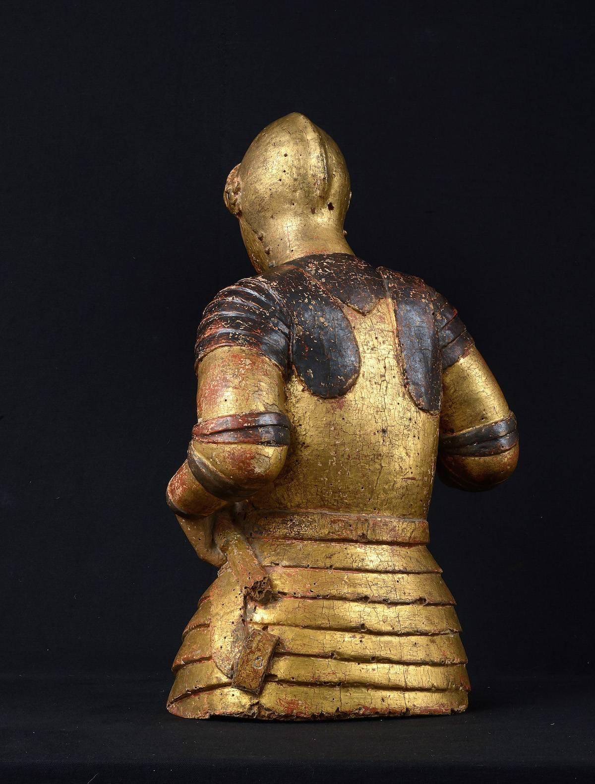 Renaissance Reliquary Bust of Saint George, Gift Polychrome Wood, 15th Century, Tuscany