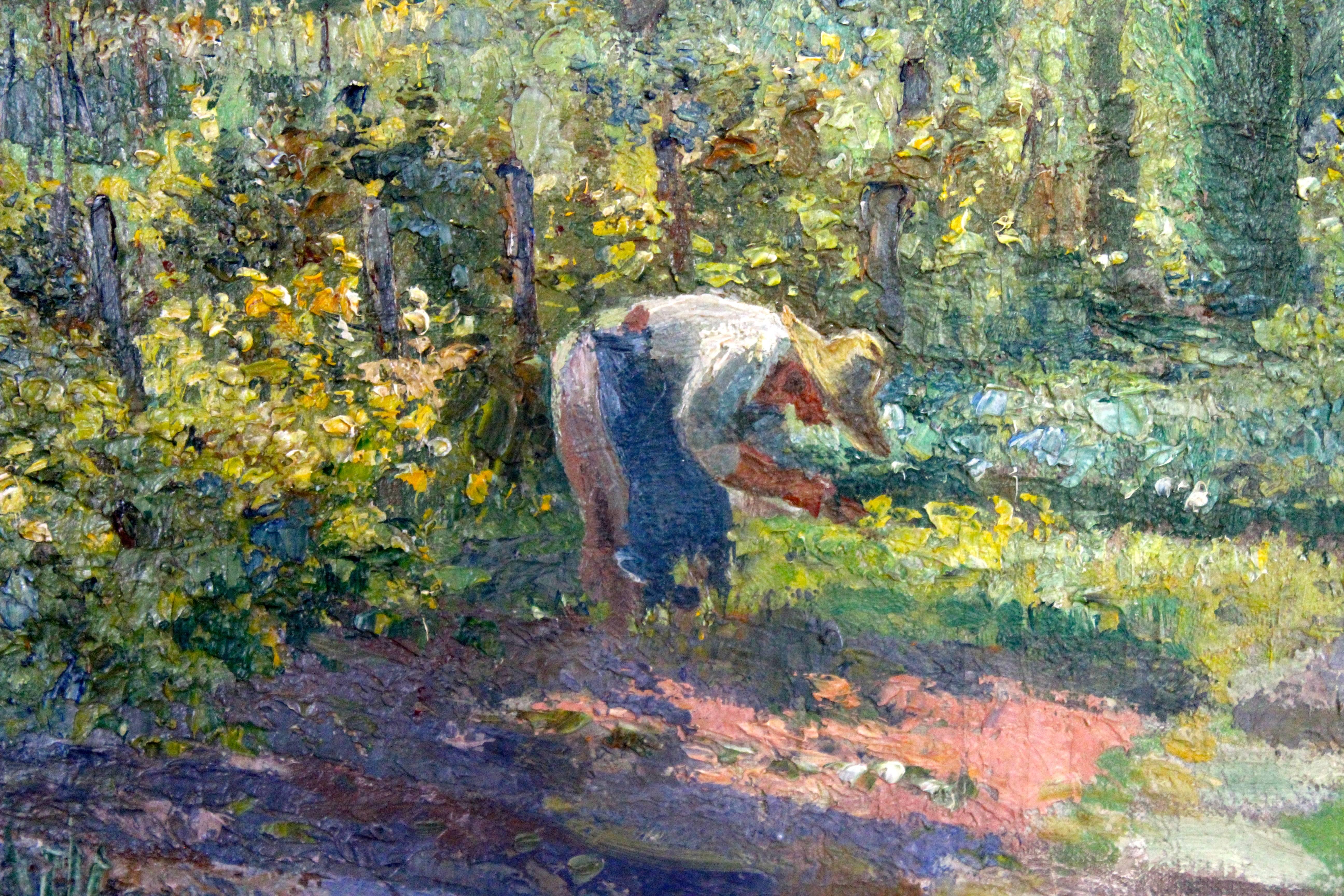 Impressionist painting of a villagegarden in the French countryside, signed and dated lower left 
