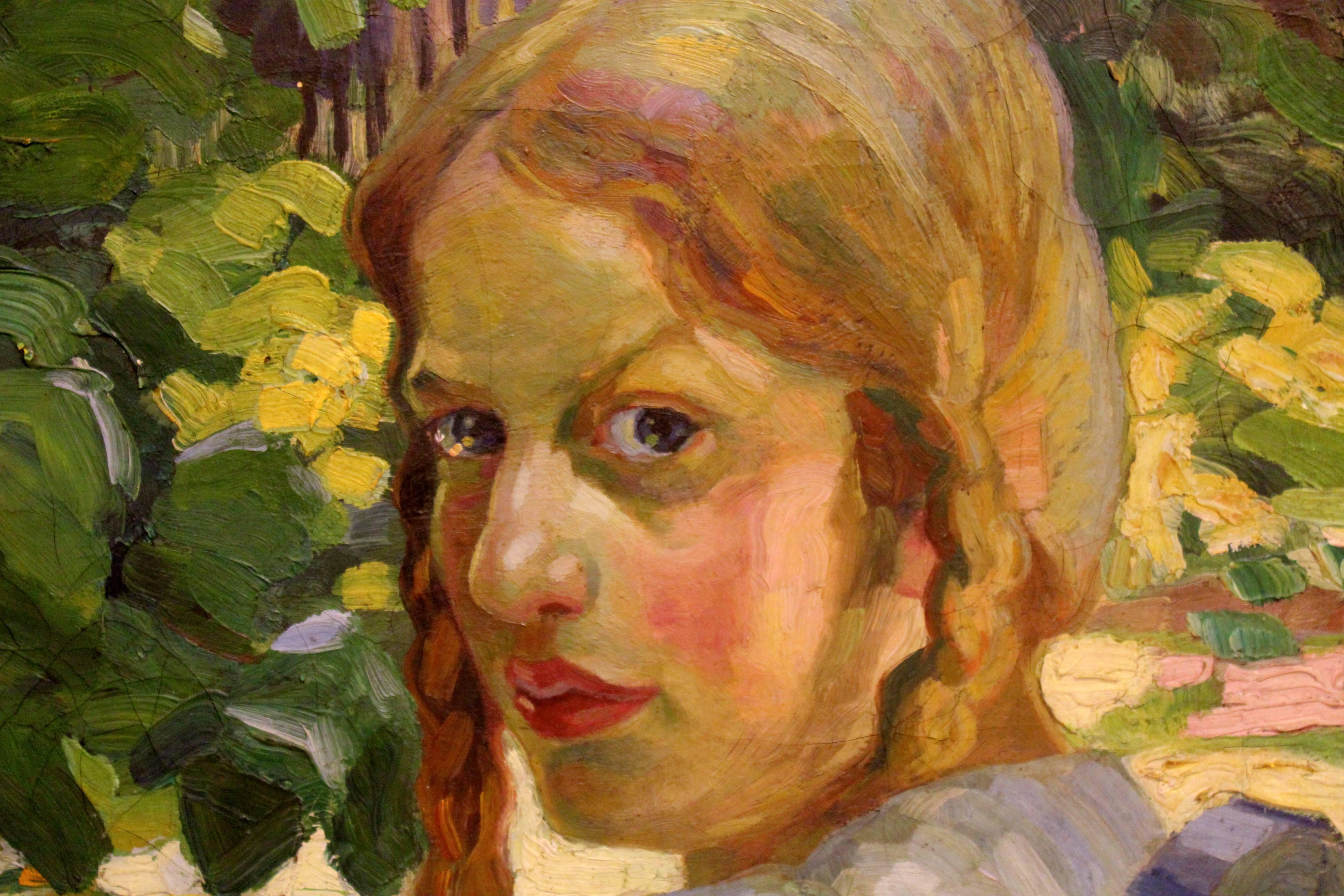 German Portrait of a Girl Sitting in a Summer Garden For Sale