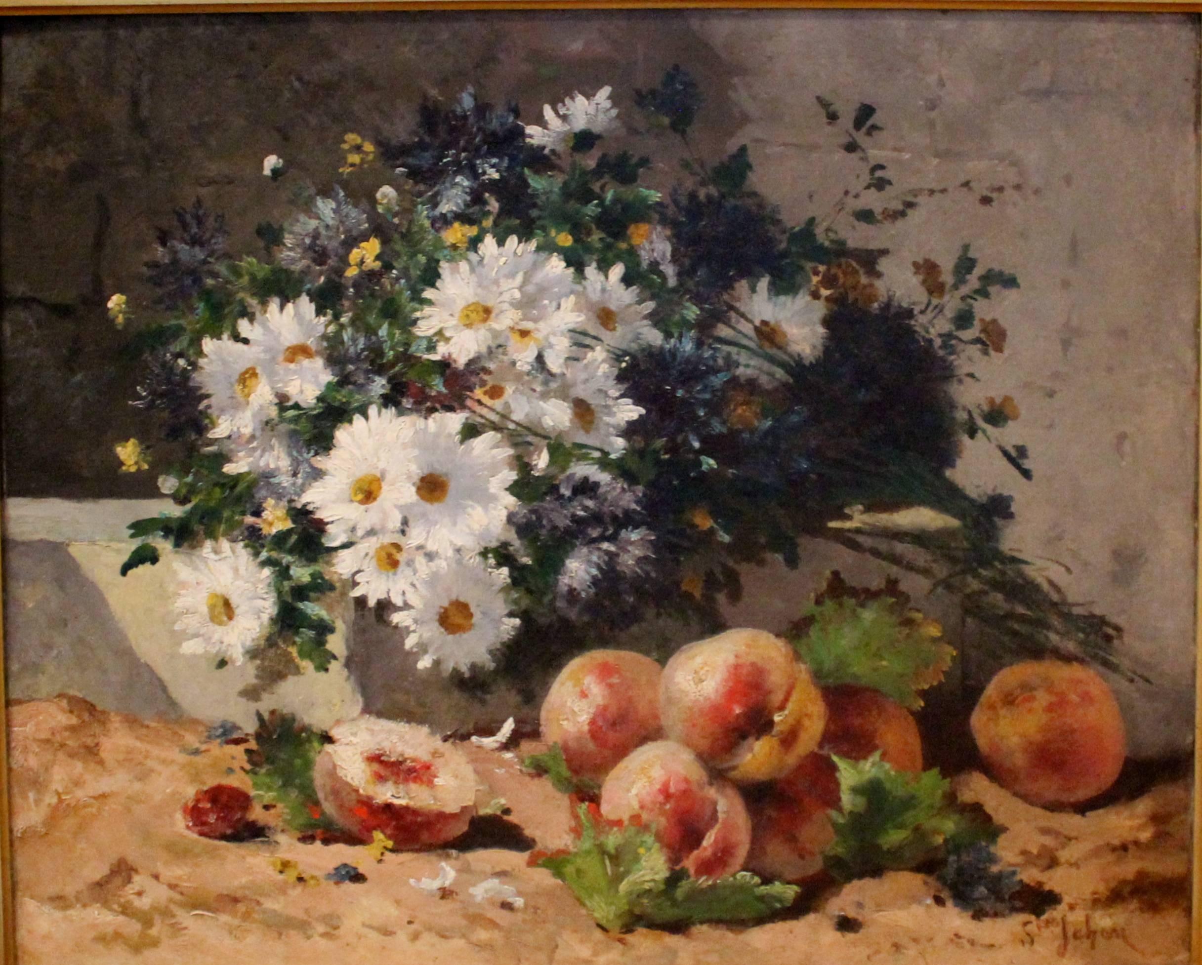 Beautiful still life with peaches and daisies, painted by a French painter, style of Henri Cauchois (1850-1911), signed 