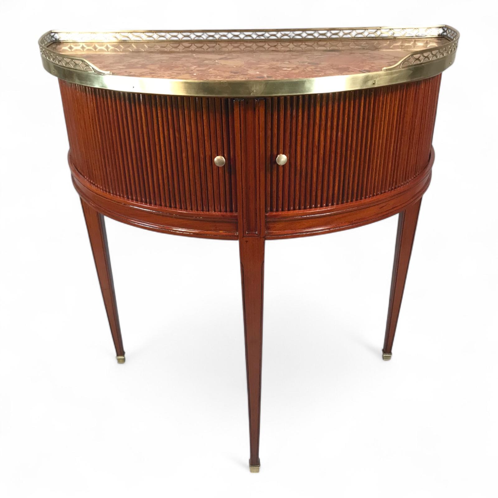 French Demi Lune Console Table, Directoire Period (1790–1800) in Mahogany with Marble Top
This elegant French demi lune console table dates from the Directoire period, circa 1790–1800, and exemplifies the restrained neoclassical elegance of late