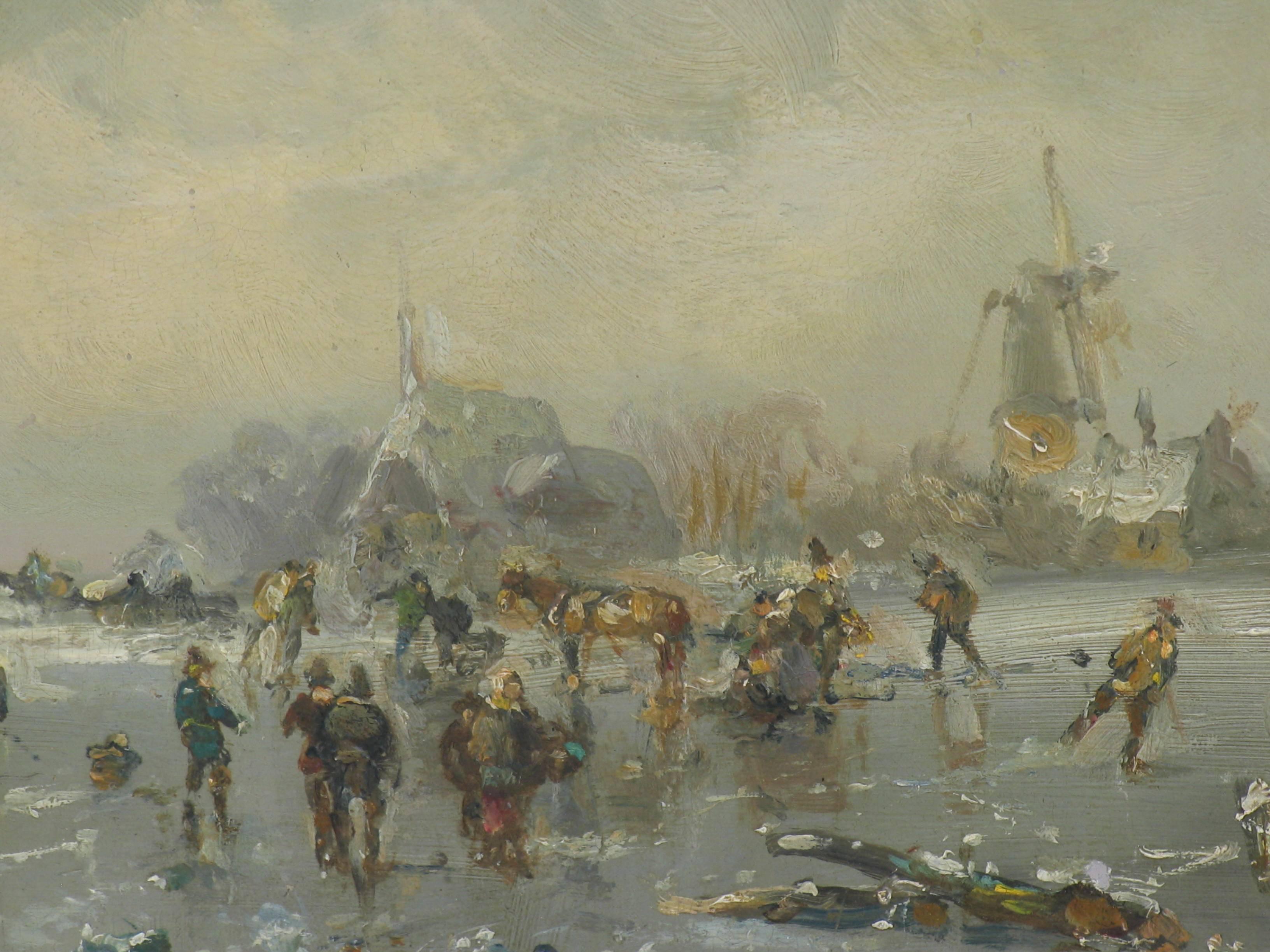 Quadro nostalgico di persone che pattinano sul ghiaccio su un lago ghiacciato in Baviera, opera di Adolf Stademann (1824-1895). Stademann è un pittore tedesco molto noto del XIX secolo. An He ha vissuto e lavorato a Monaco (Baviera).
Il dipinto