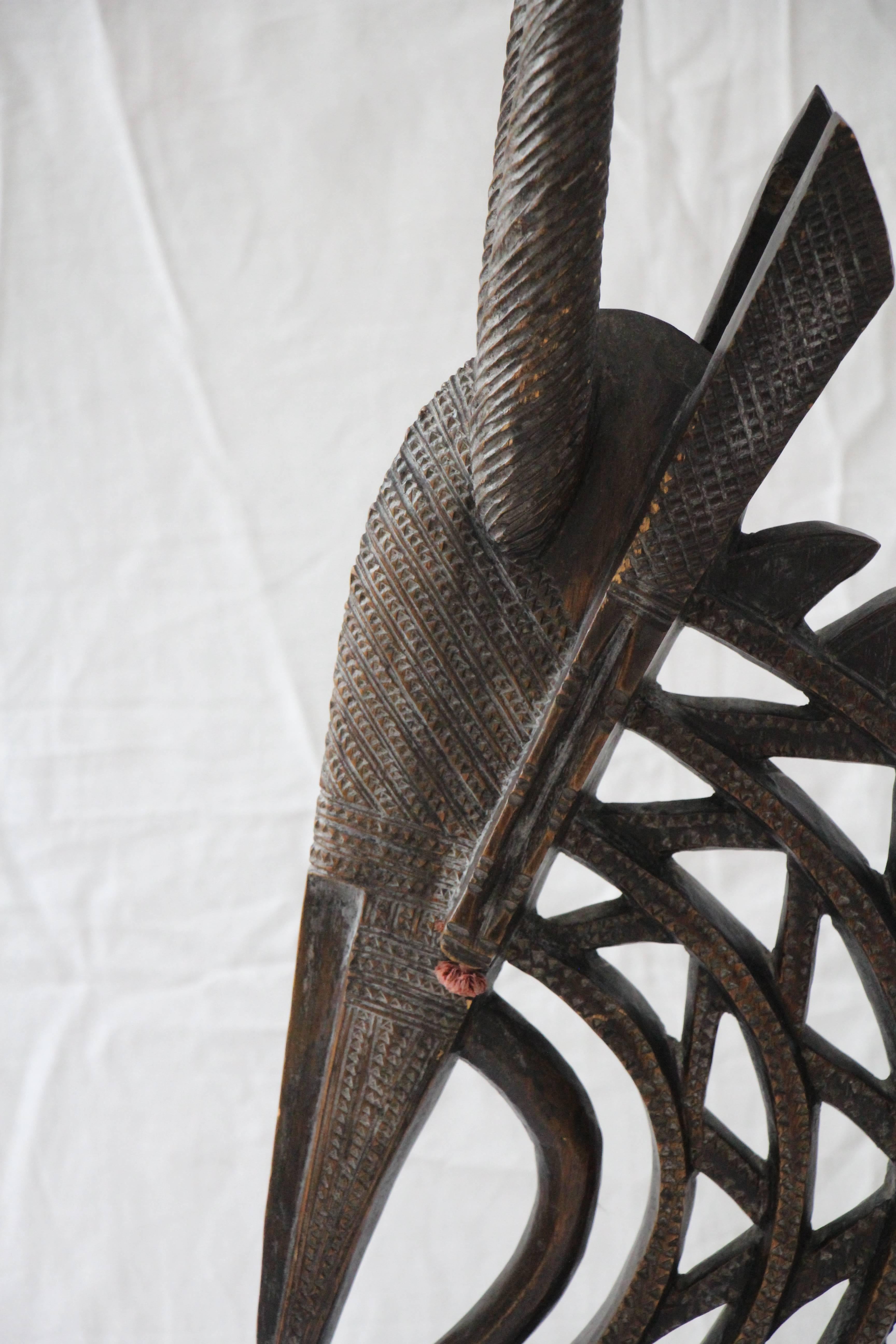 Hand-Carved Tribal African Antelope Wood Bambara Mask
