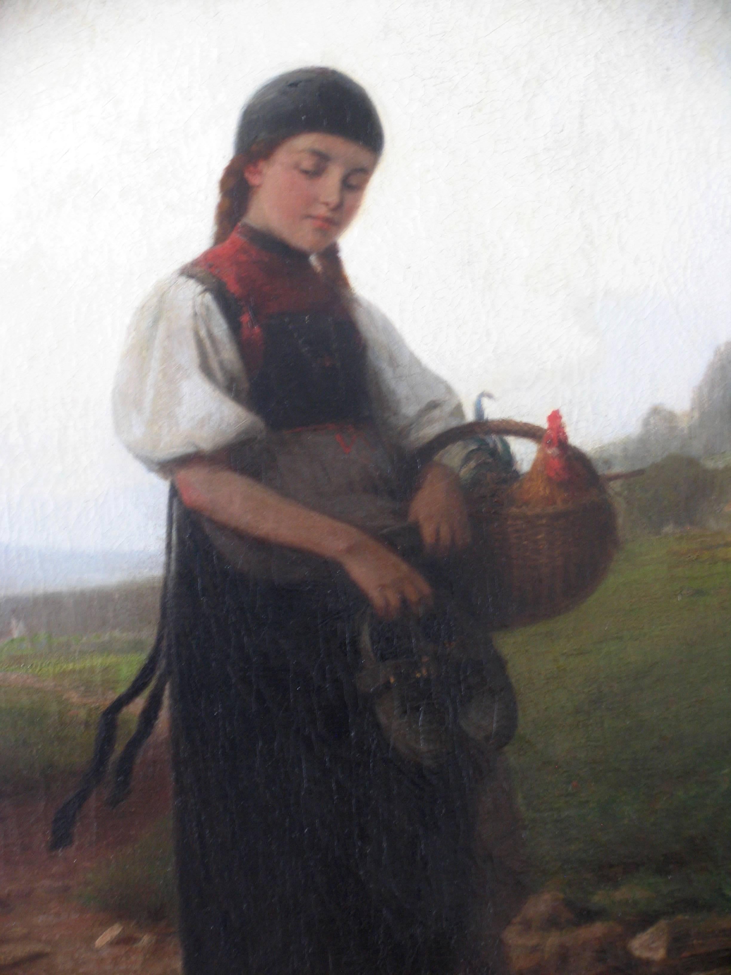 A girl wearing a traditional German costume is carrying a rooster in a basket.
The German painter Heinrich Ewers was born in Wismar 1817 and died in Duesseldorf 1895. Oil on canvas.
The painting will be directly shipped from Germany. Please ask