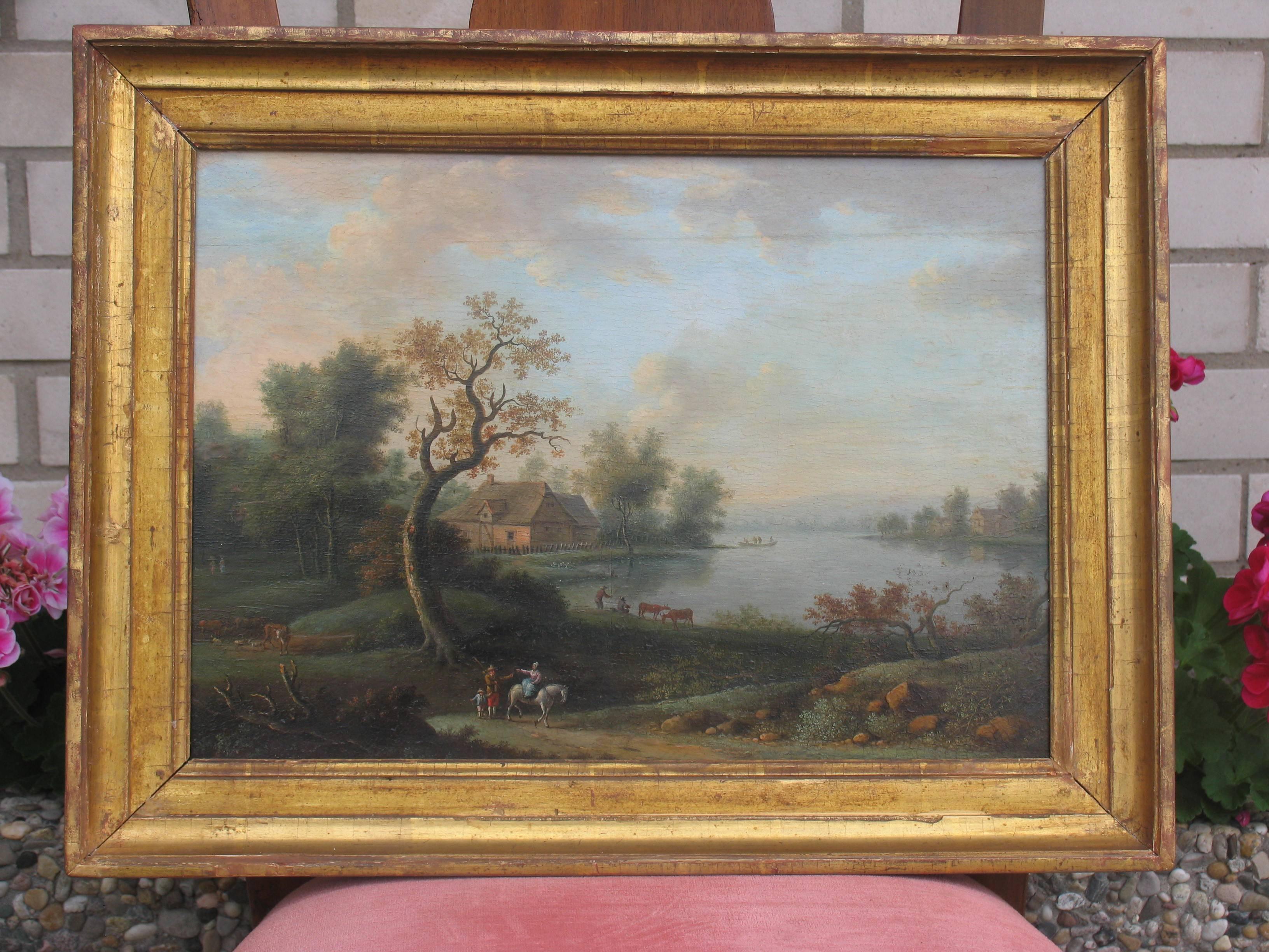 Pair of end of 18th century/early 19th century landscape paintings with pastoral scenes. Oil on wood. The paintings will be shipped from Germany. Please ask for a shipping quote for the shipping from Germany to Boston. The shipping from Boston to
