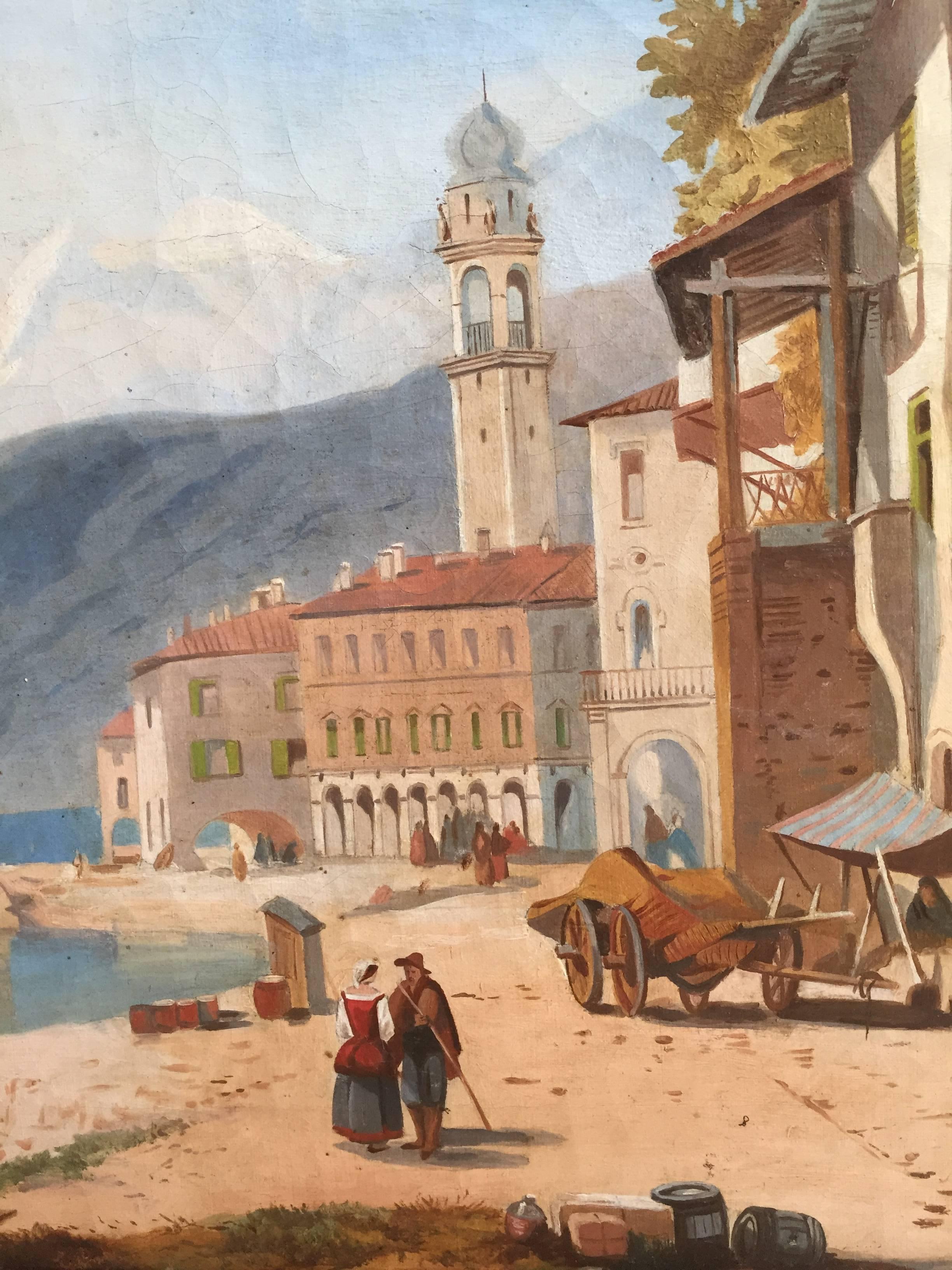 Huilé Peinture du XIXe siècle, Vue d'un village du nord de l'Italie au bord d'un lac en vente