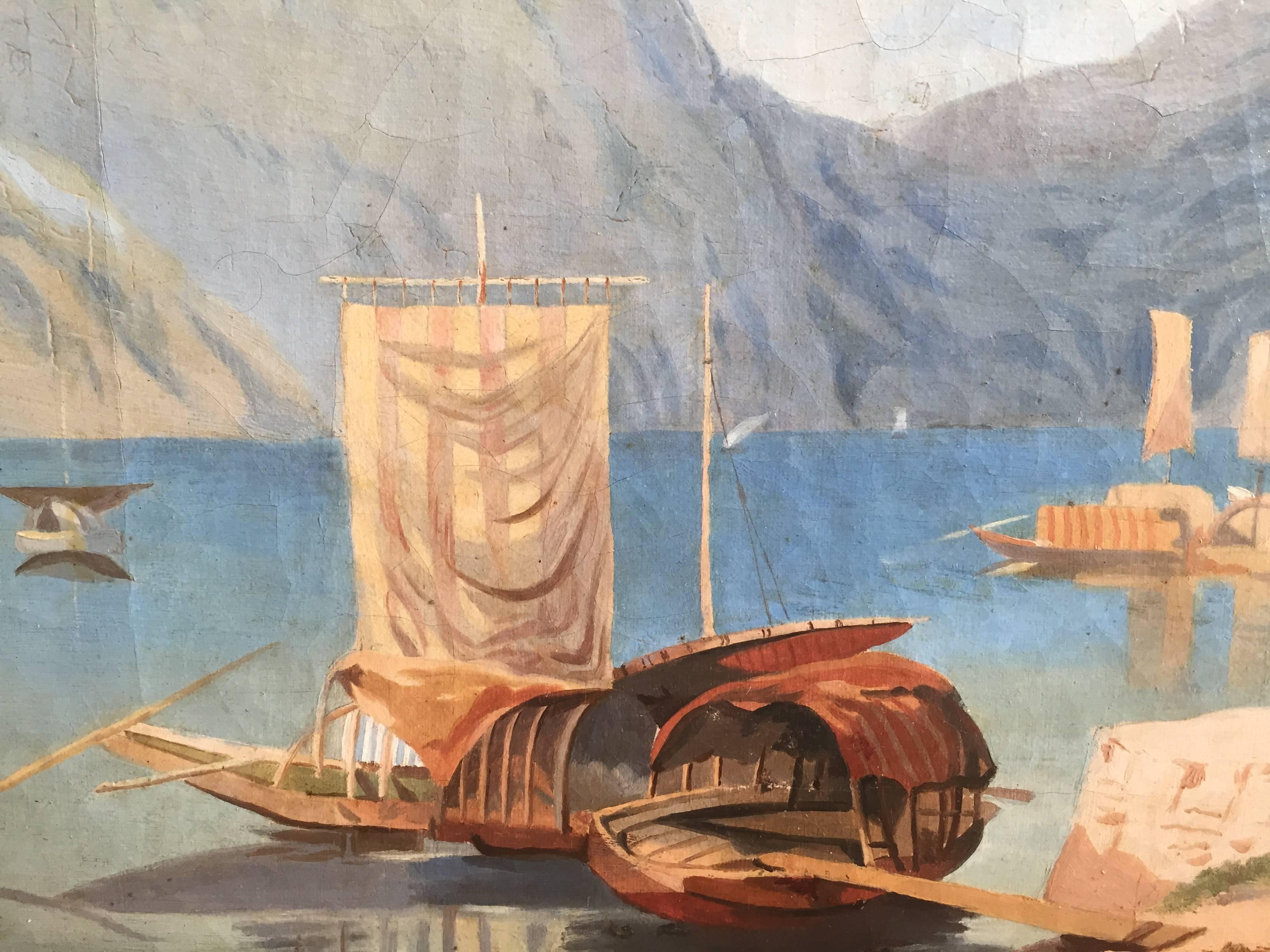 Romantique Peinture du XIXe siècle, Vue d'un village du nord de l'Italie au bord d'un lac en vente