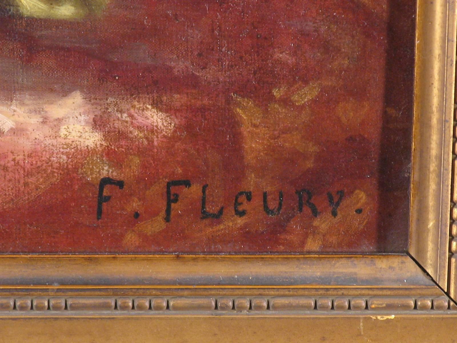 F. Fleury, Mitte 19. Jahrhundert, Blumenstillleben mit blau-weißer Delft-Vase, Öl auf Leinwand, signiert: 