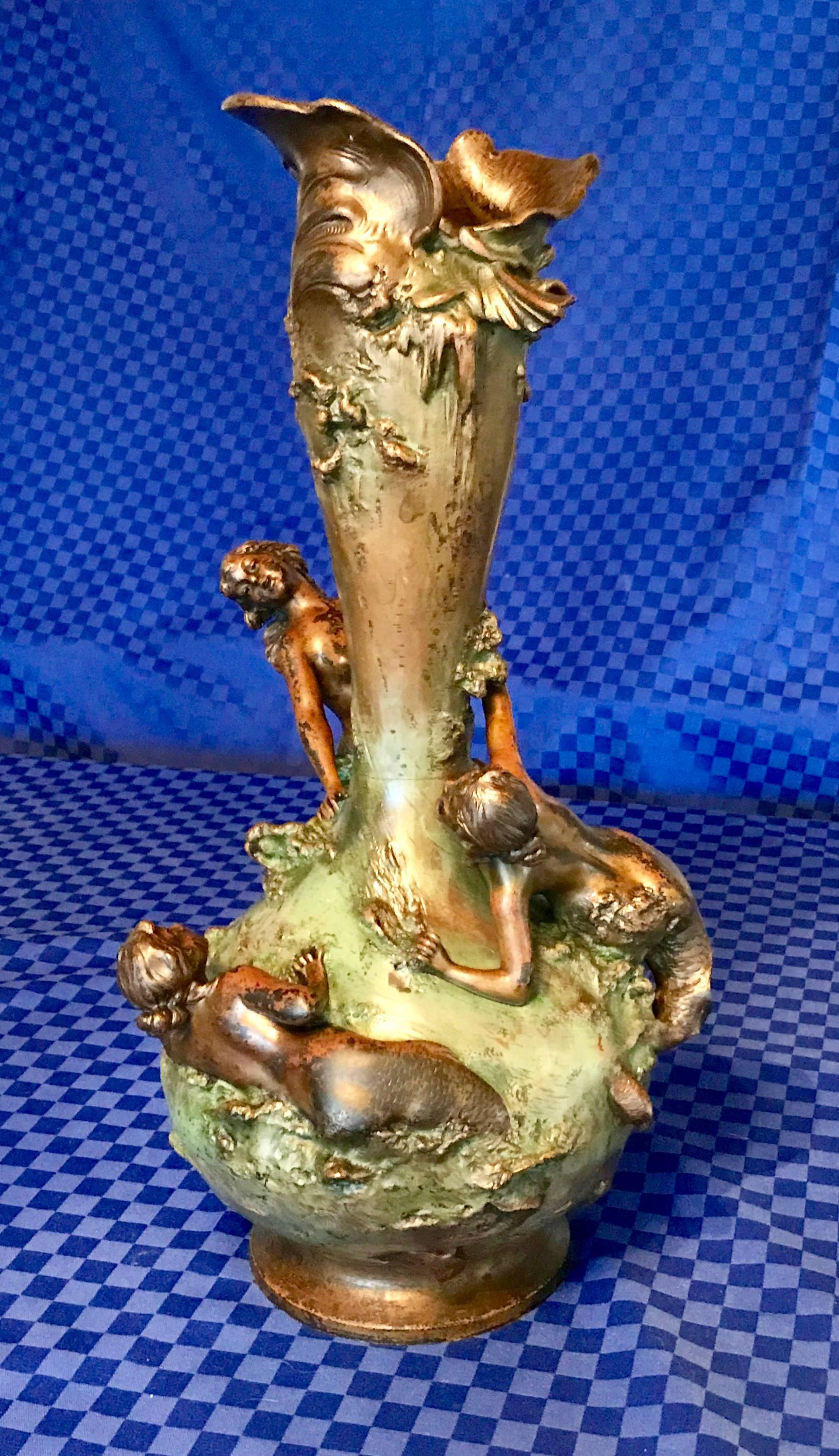 French Art Nouveau Bronze Vase Signed 