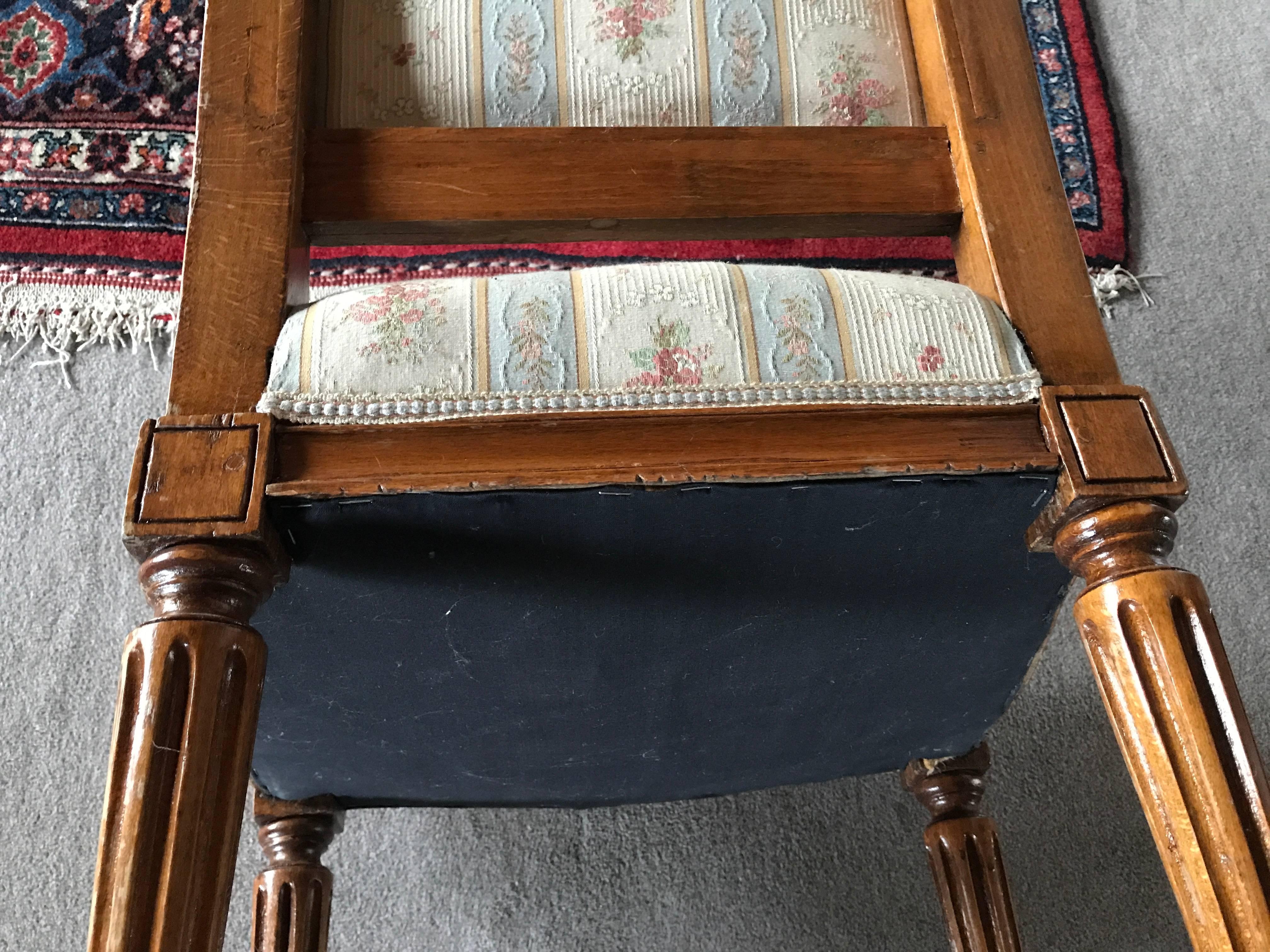 18th century set of six original Louis XVI chairs, carved oak. In original, unrestored condition. The chairs will be shipped from Germany. Shipping costs to Boston are included.