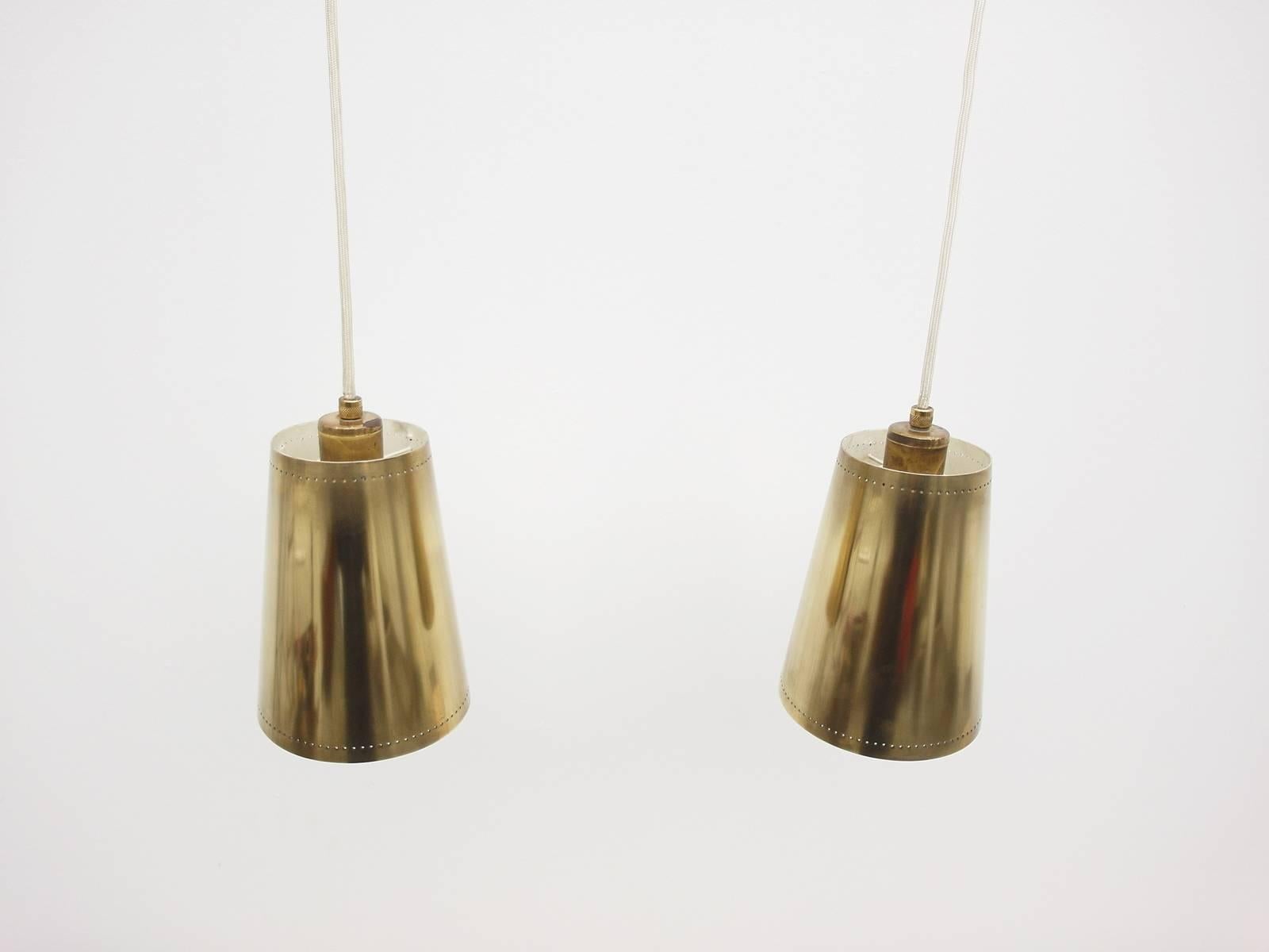 Finnish Pair of Paavo Tynell Style Scandinavian Brass Pendant Lights