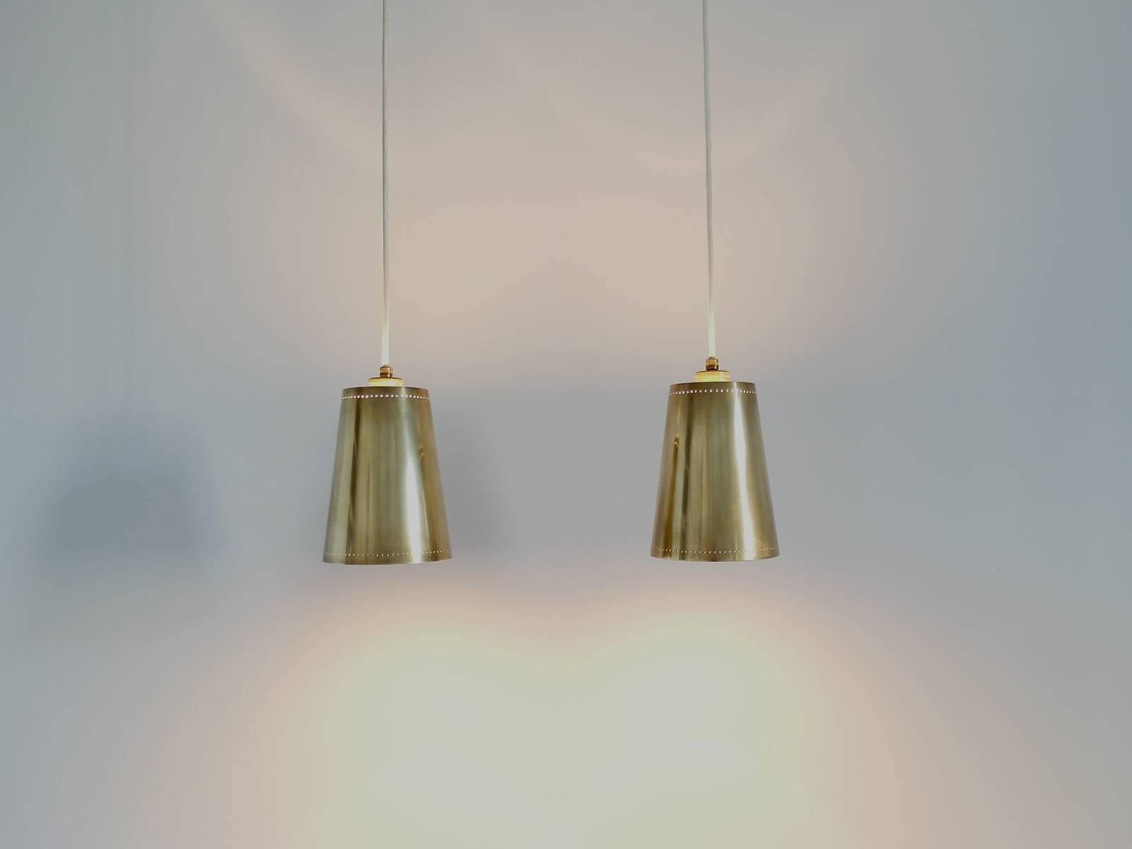 Mid-20th Century Pair of Paavo Tynell Style Scandinavian Brass Pendant Lights
