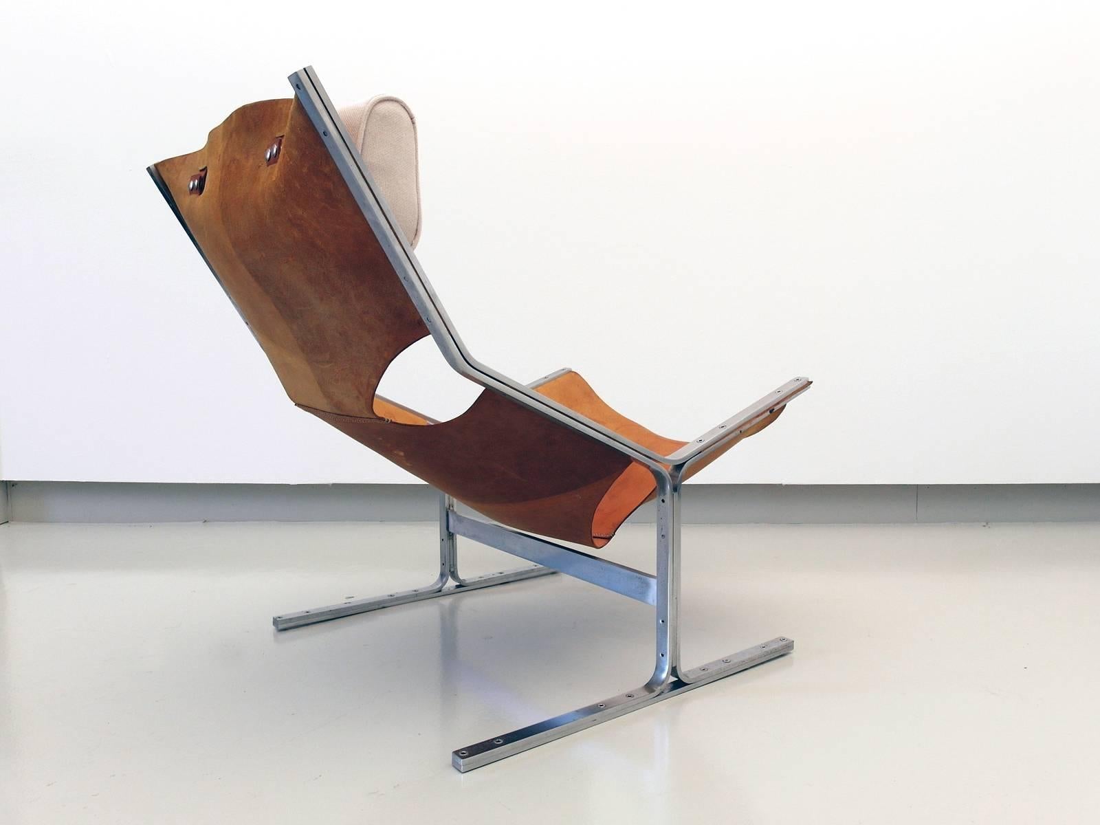 Leather and Brushed Steel Lounge Chair by Polak, Netherlands, circa 1958 In Good Condition In Woudrichem, NL