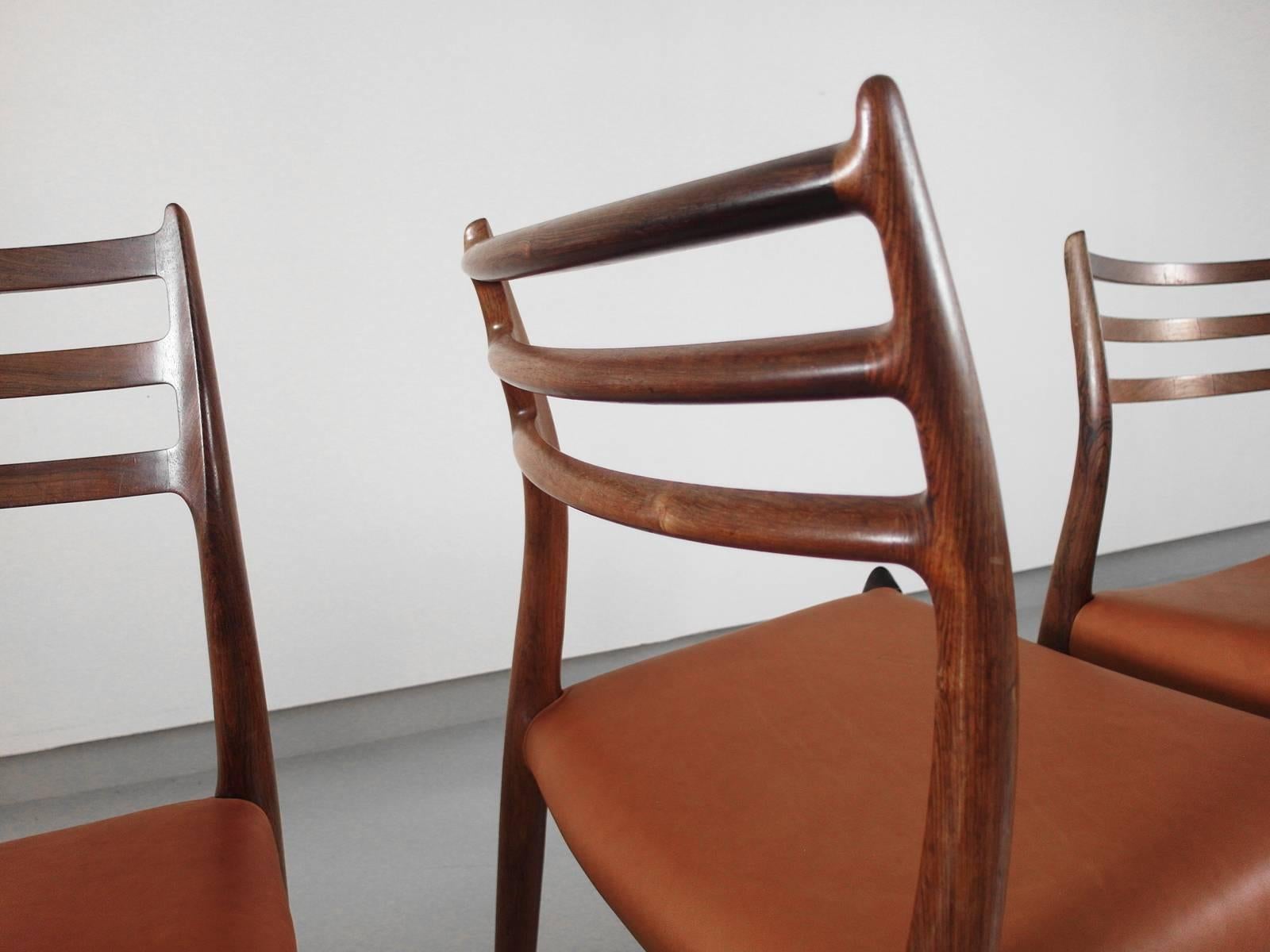 Niels Otto Møller Set of Four Rosewood Model 78 Dining Chairs Cognac Leather In Good Condition In Woudrichem, NL