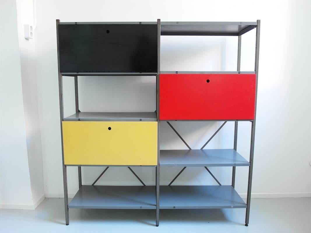 Mid-20th Century Colorful Industrial Metal Storage Cabinet by Wim Rietveld for Gispen, 1954