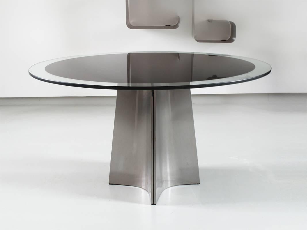 Glass Luigi Saccardo Brushed Aluminium Round Dining Table for Maison Jansen, France